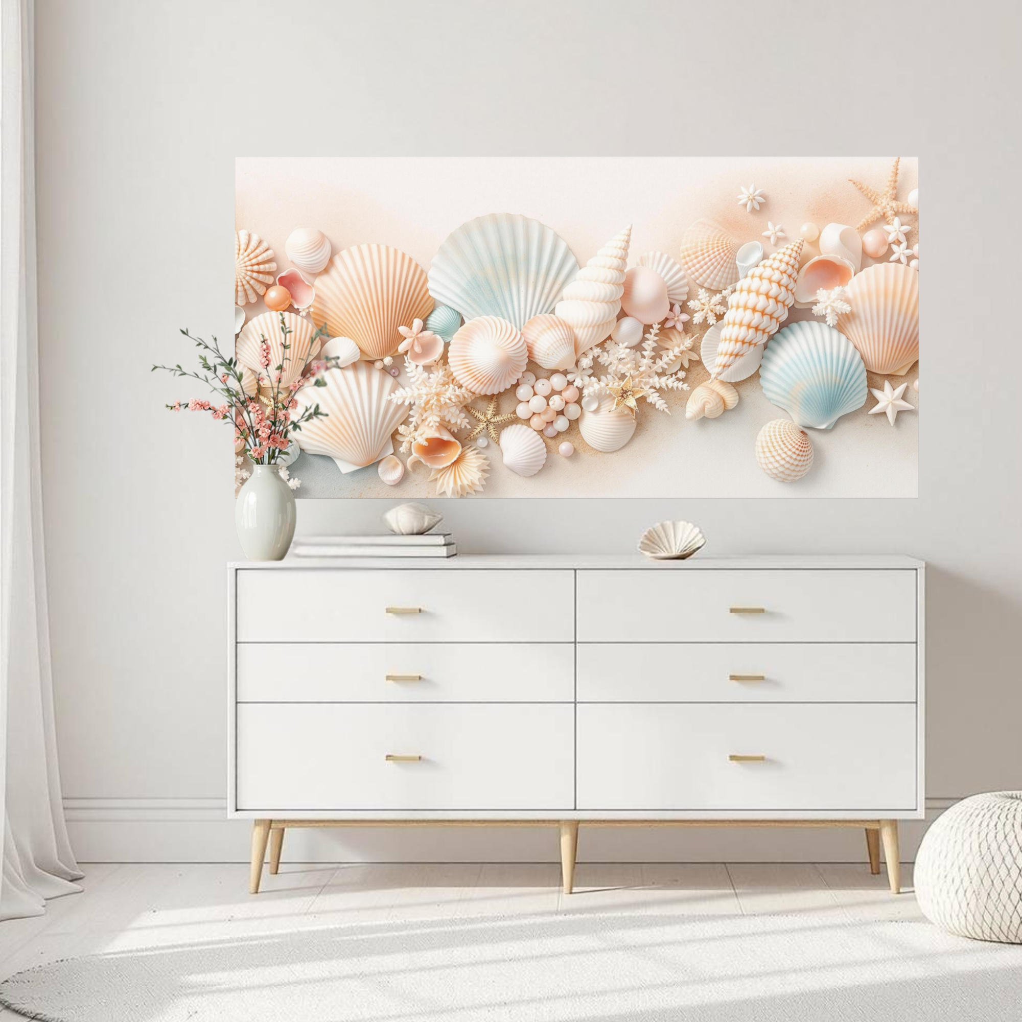 Pastel Seashell Landscape With Coral and Pearls – Coastal Wall Art