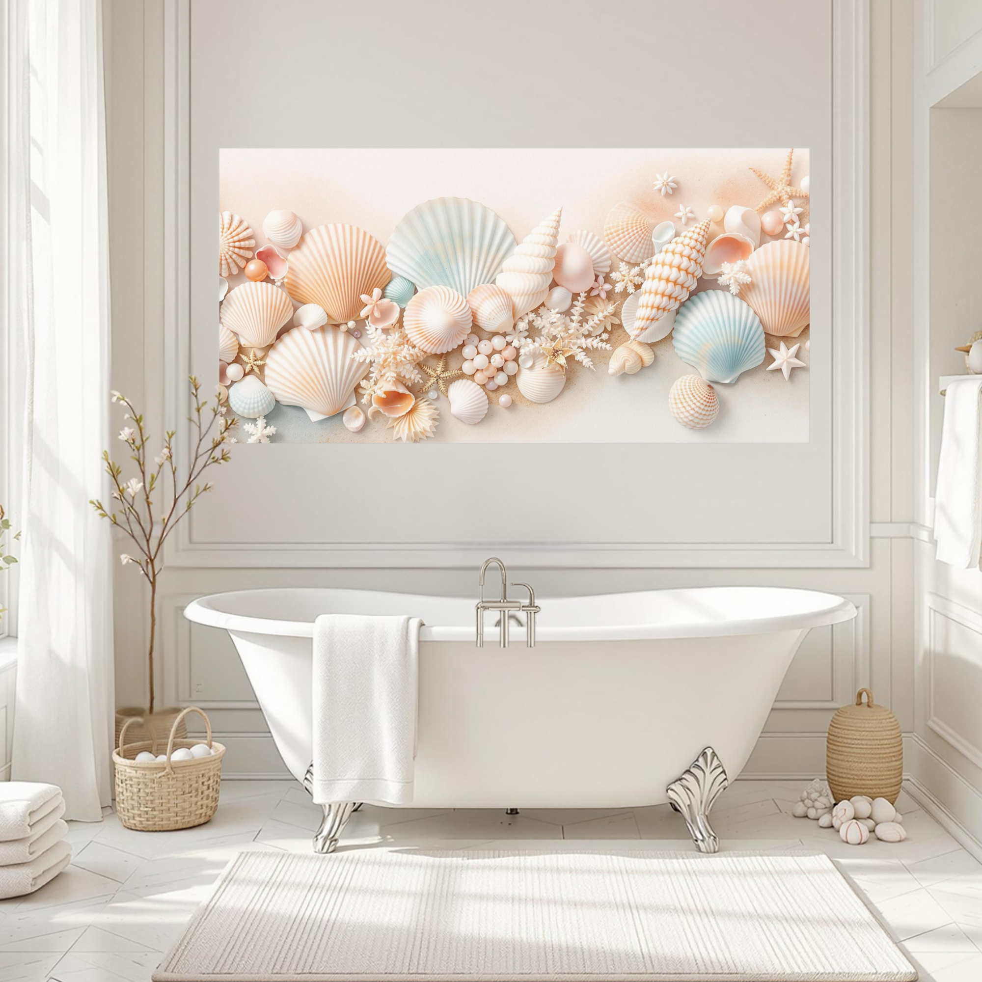 Pastel Seashell Landscape With Coral and Pearls – Coastal Wall Art