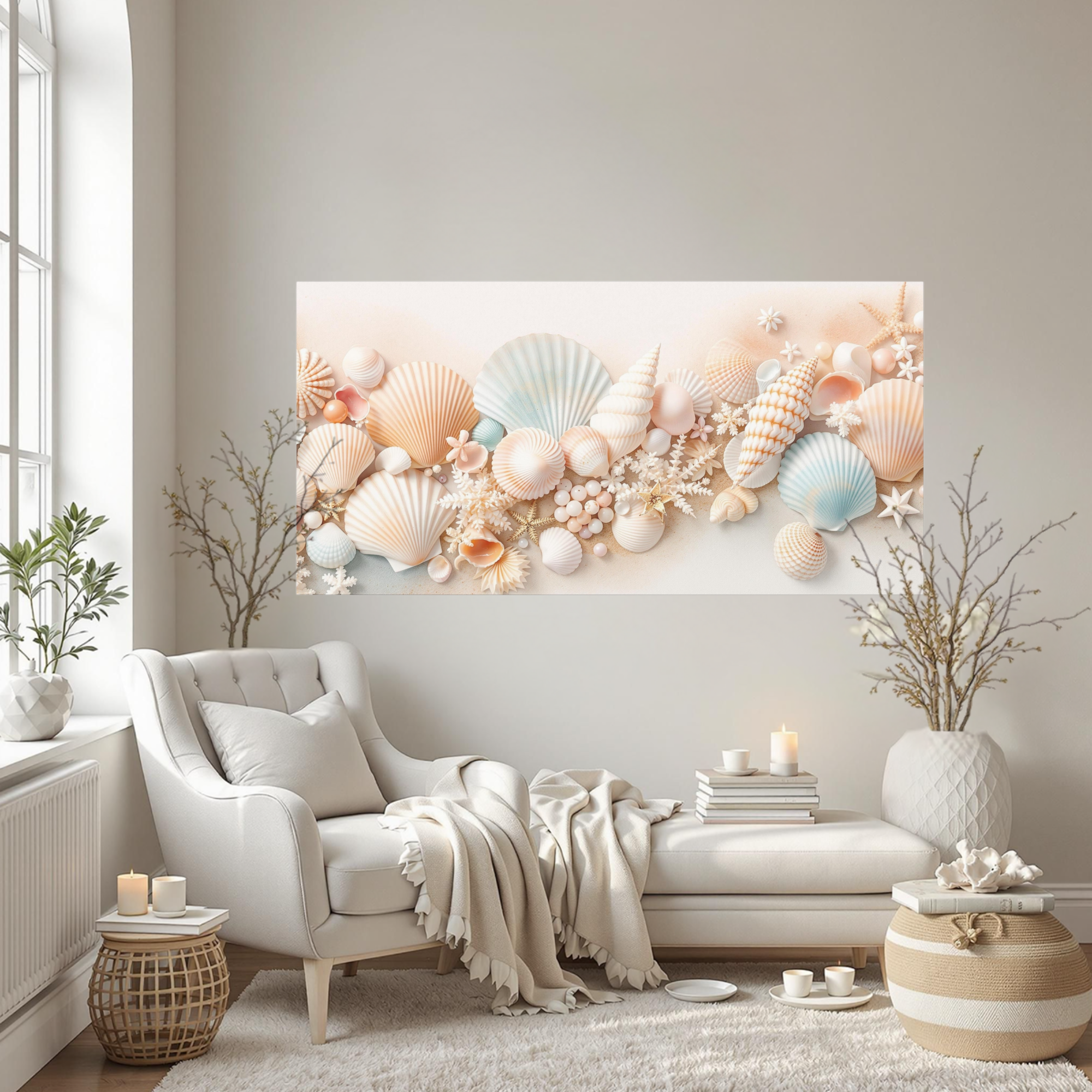 Pastel Seashell Landscape With Coral and Pearls – Coastal Wall Art