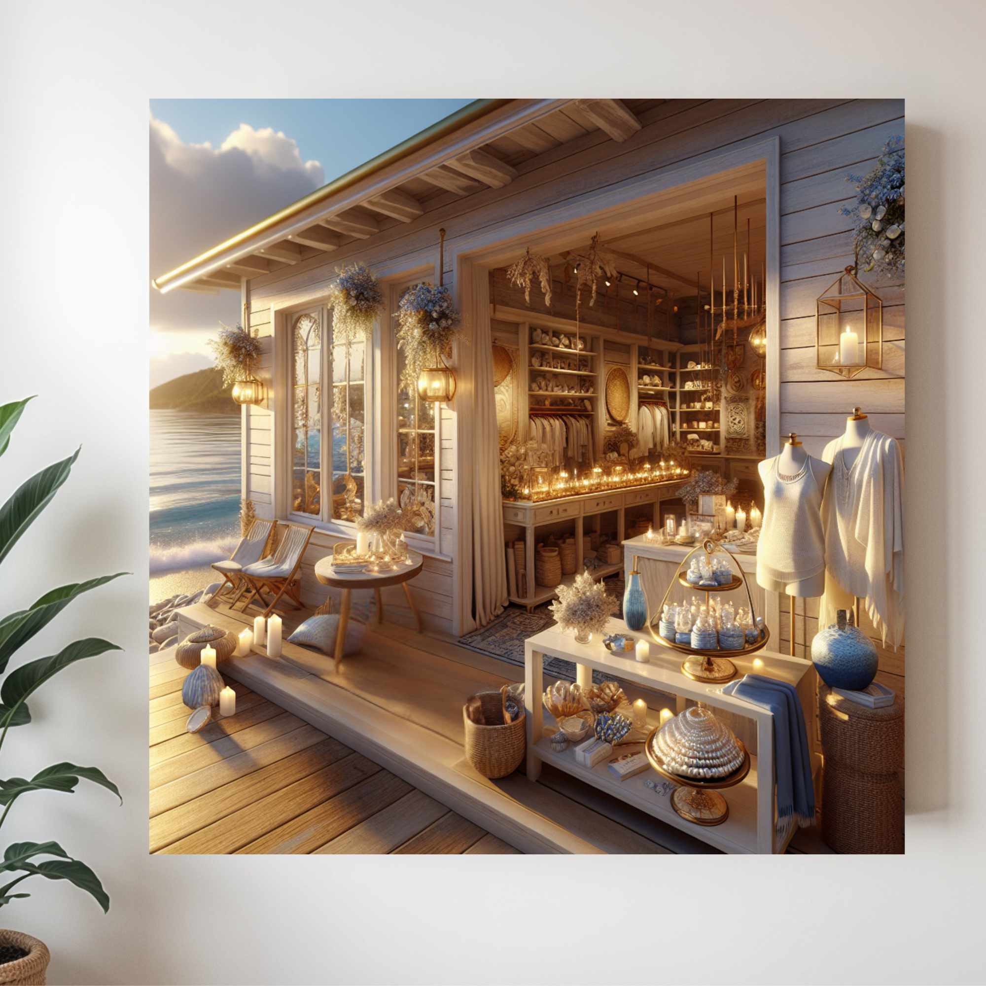 Seaside Boutique at Golden Hour – Coastal Cottagecore Wall Art