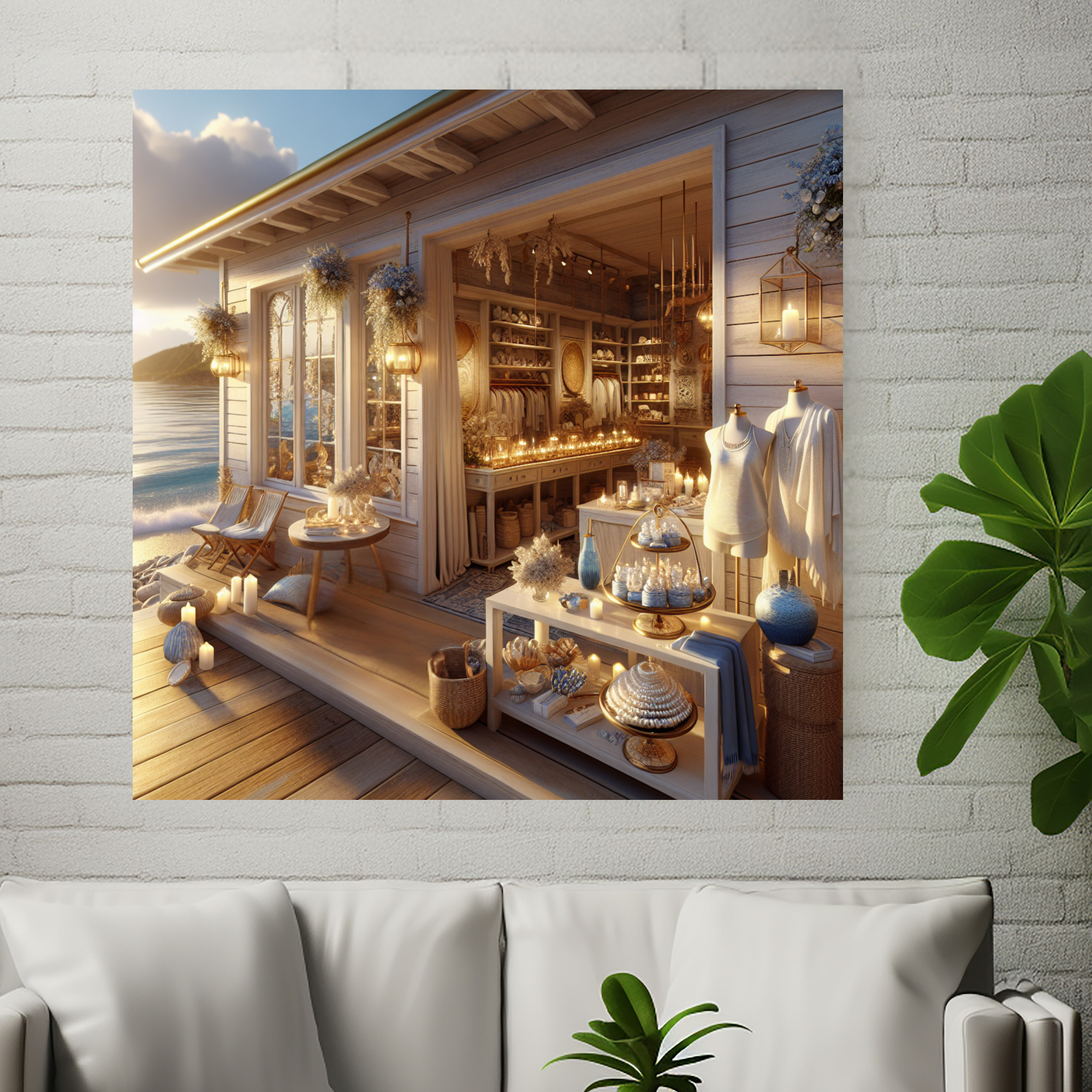 Seaside Boutique at Golden Hour – Coastal Cottagecore Wall Art