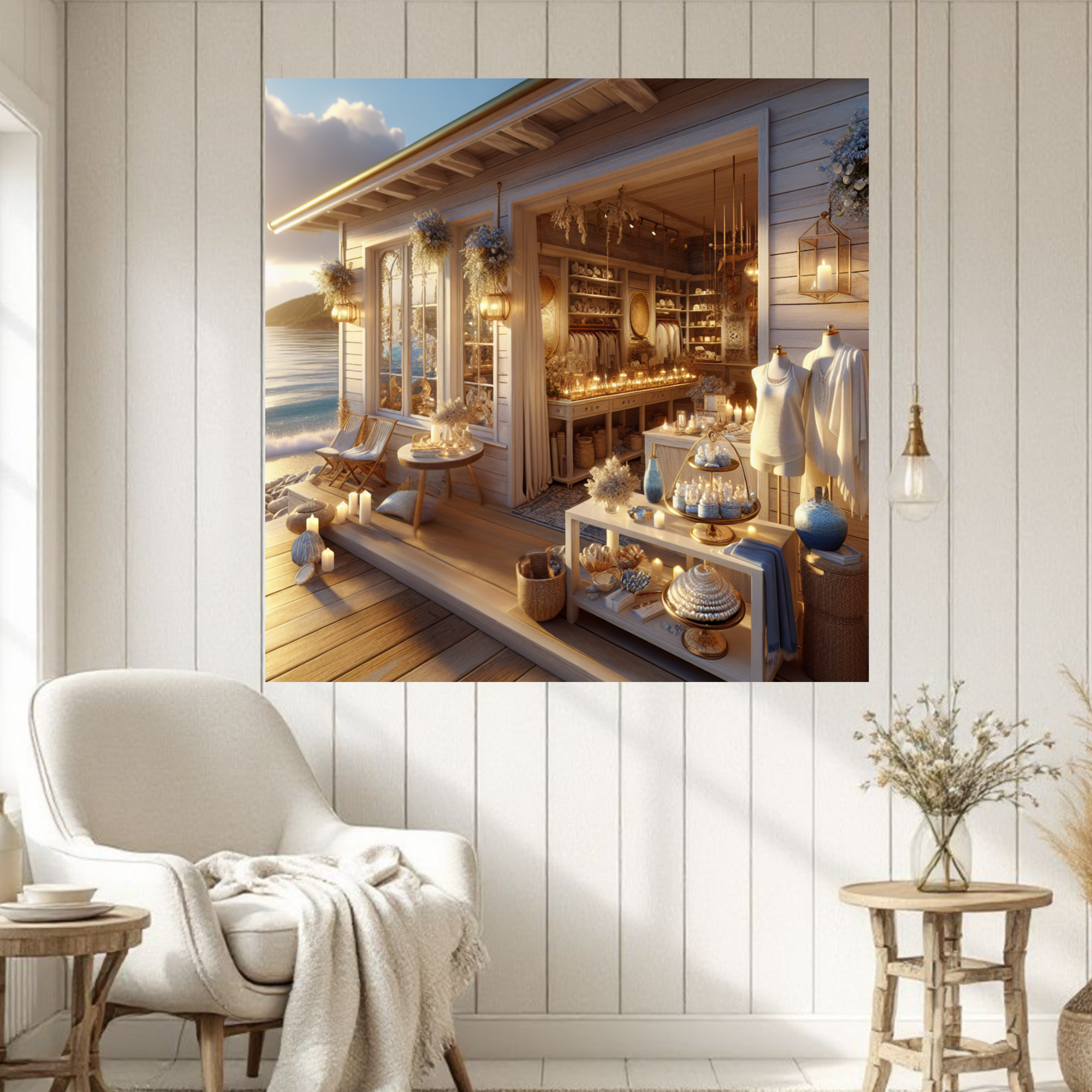 Seaside Boutique at Golden Hour – Coastal Cottagecore Wall Art