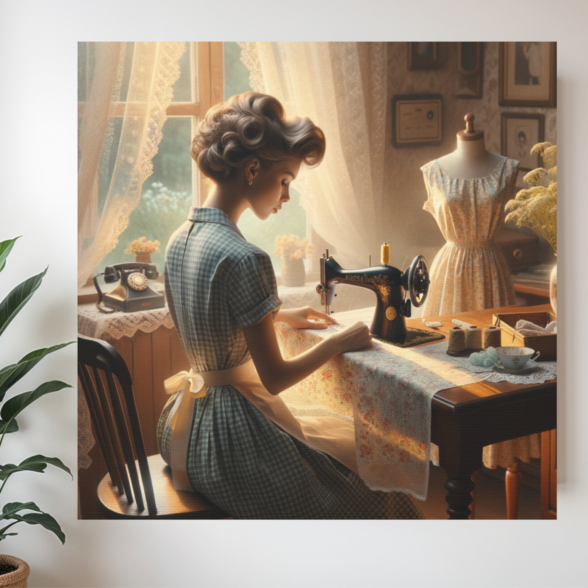 1950s Woman Sewing With Vintage Machine – Retro Homemaker Wall Art
