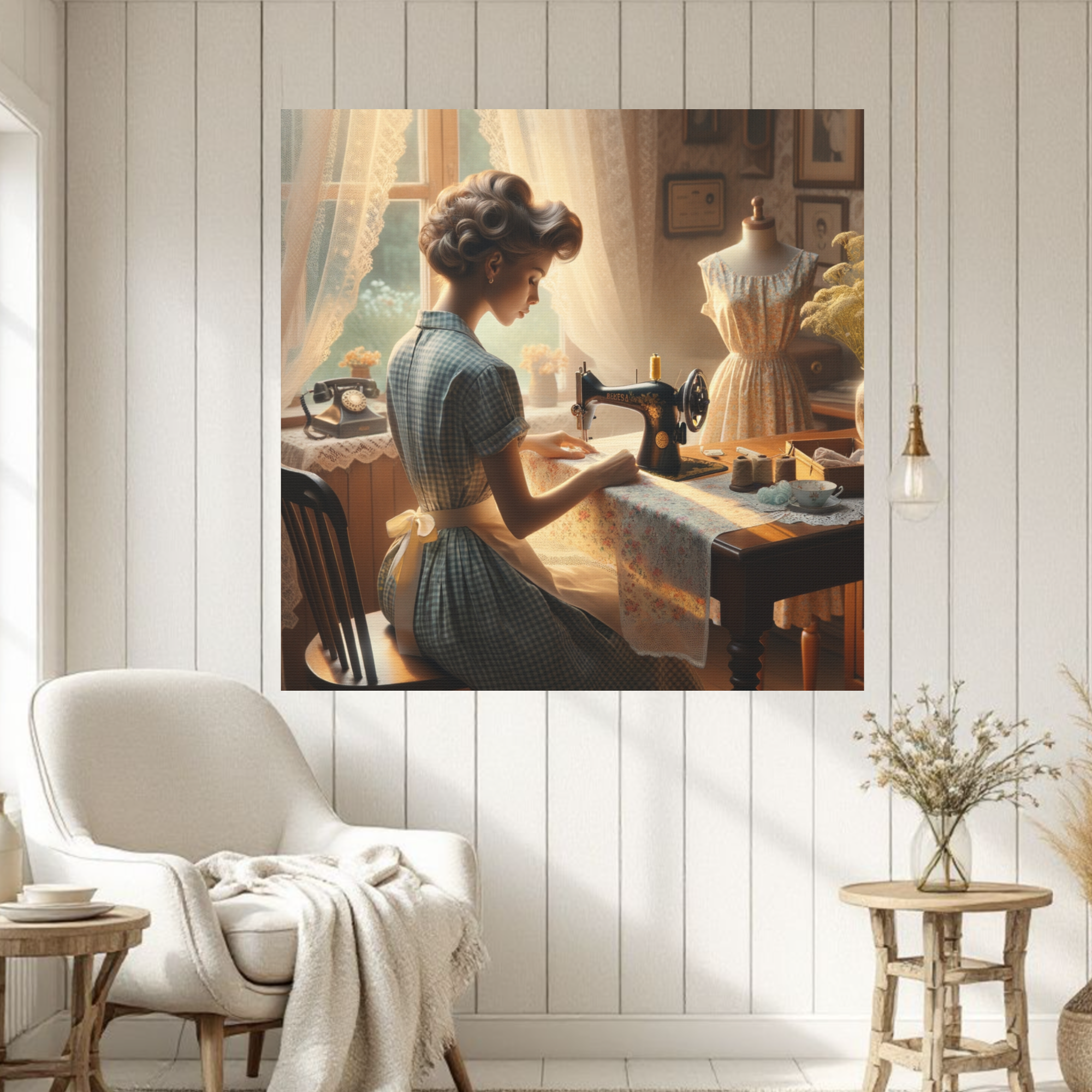 1950s Woman Sewing With Vintage Machine – Retro Homemaker Wall Art
