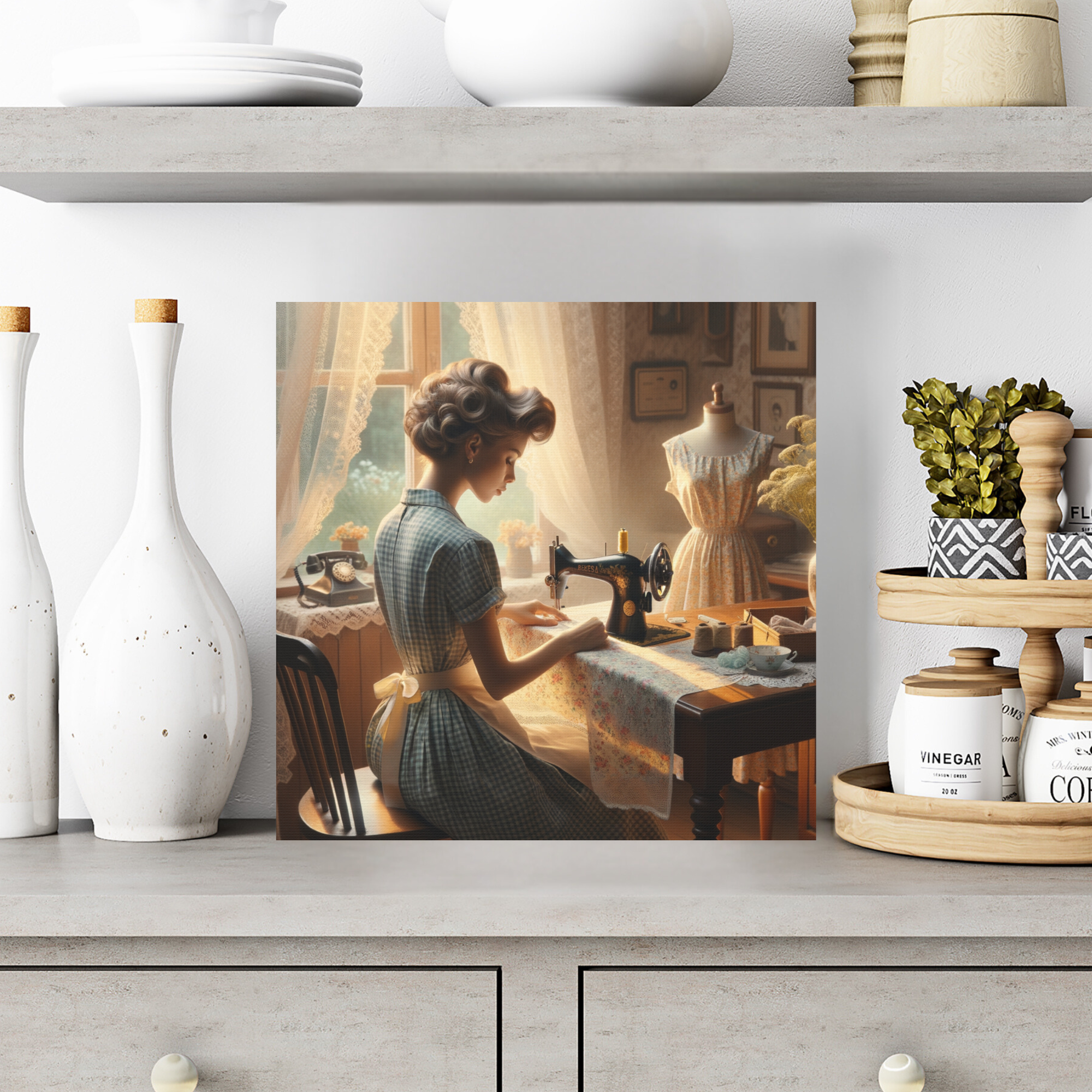 1950s Woman Sewing With Vintage Machine – Retro Homemaker Wall Art