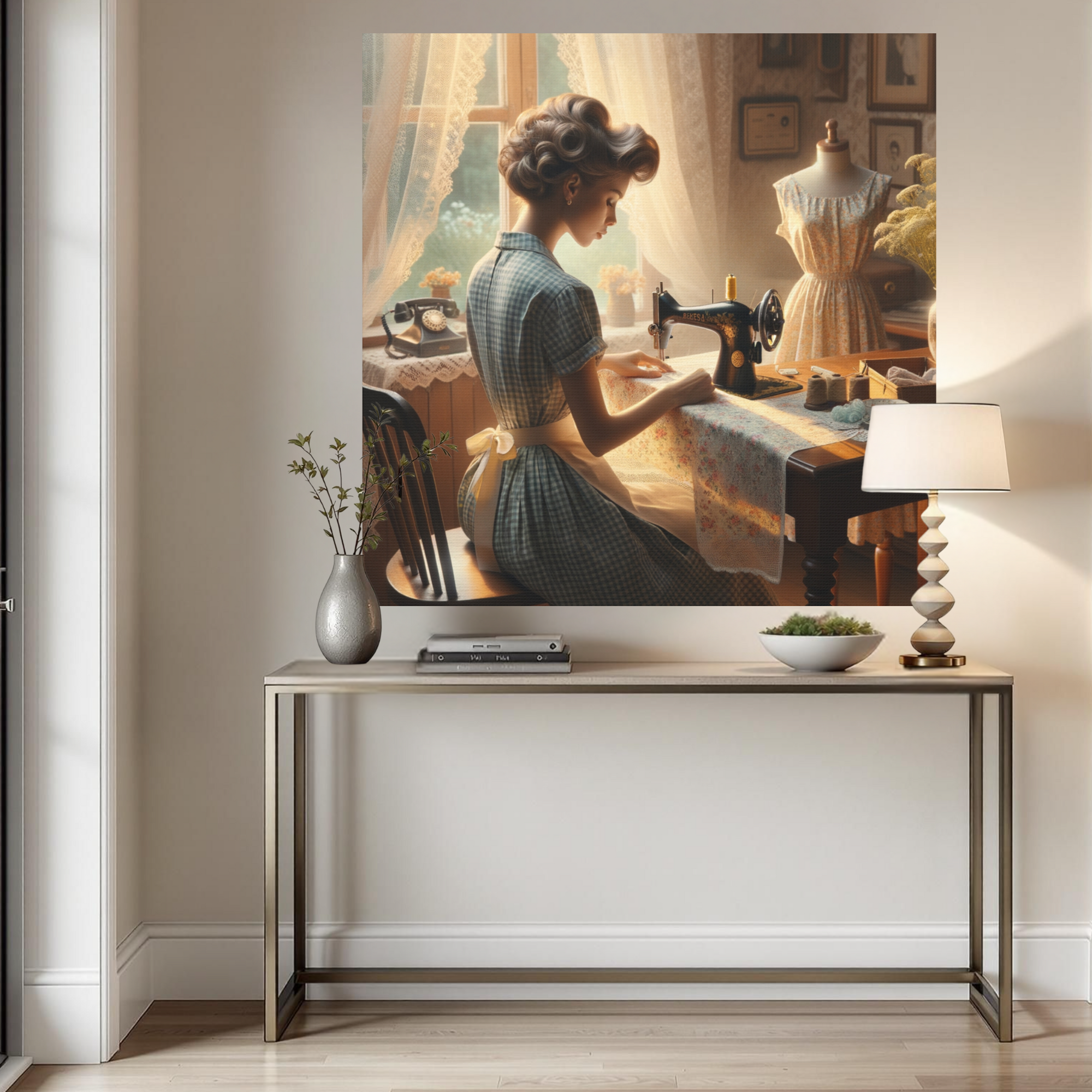 1950s Woman Sewing With Vintage Machine – Retro Homemaker Wall Art