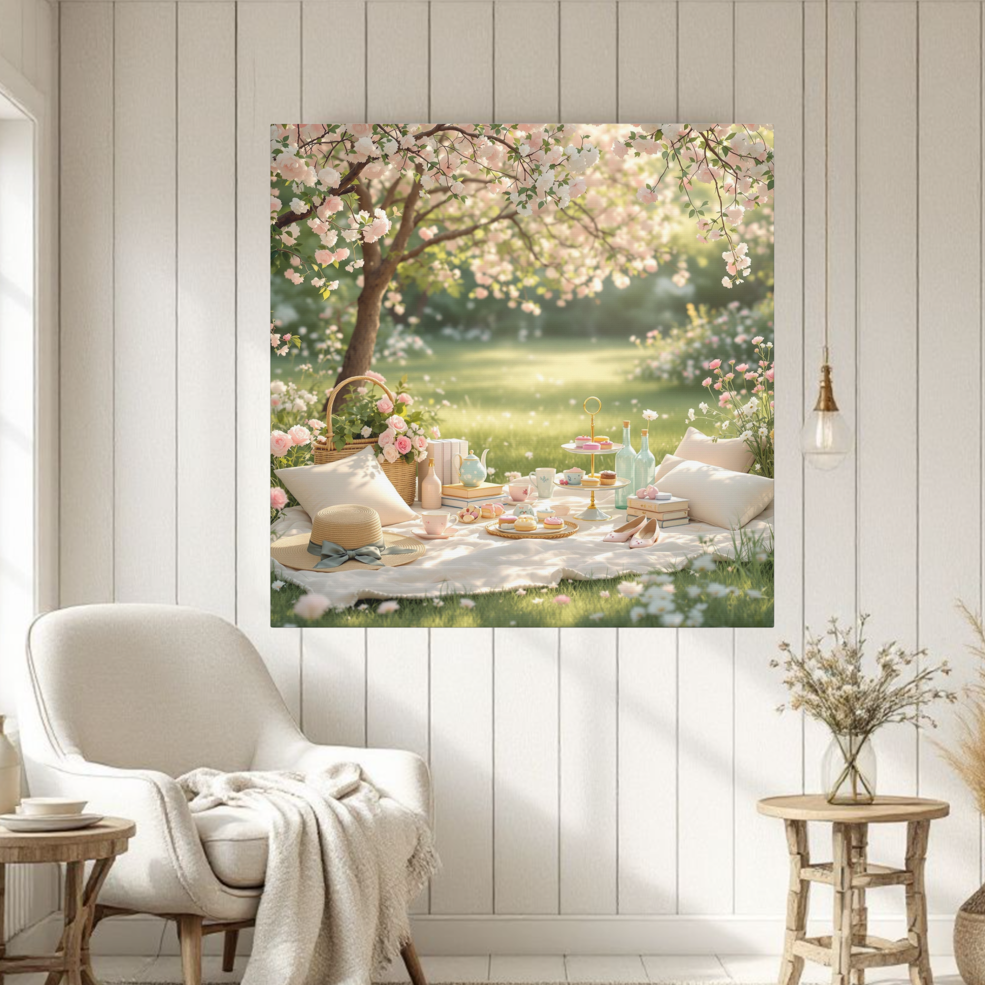 Romantic Spring Picnic Under Blossoms – Cottagecore Picnic Wall Art