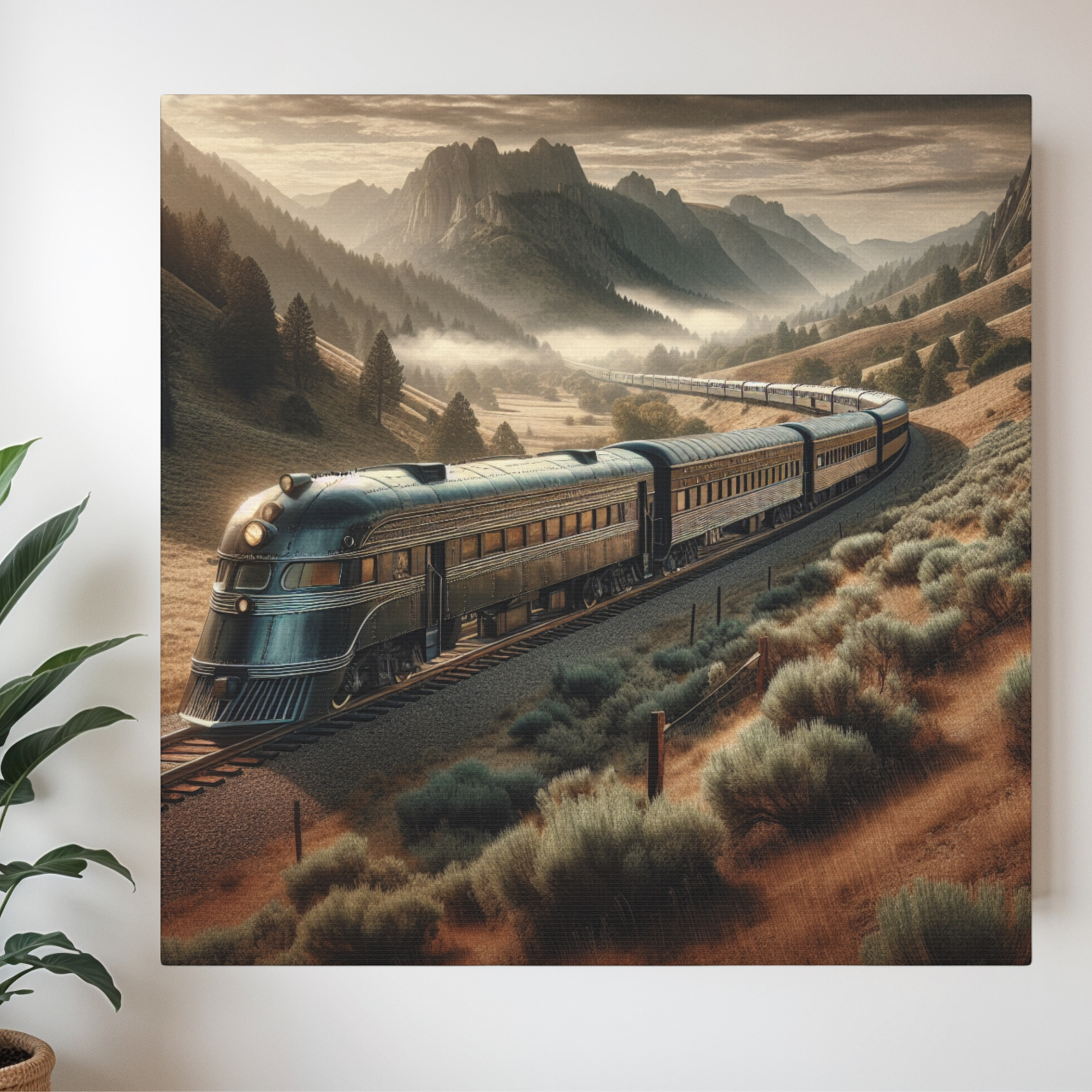 Retro Streamliner Train Through Western Mountains – Vintage Travel Wall Art