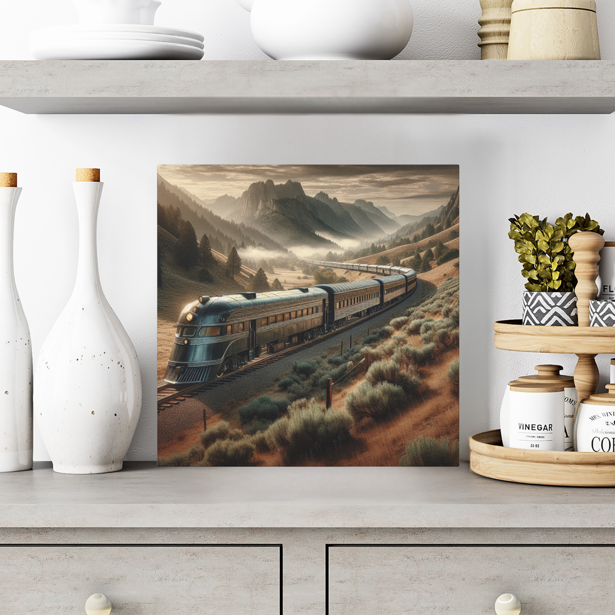 Retro Streamliner Train Through Western Mountains – Vintage Travel Wall Art