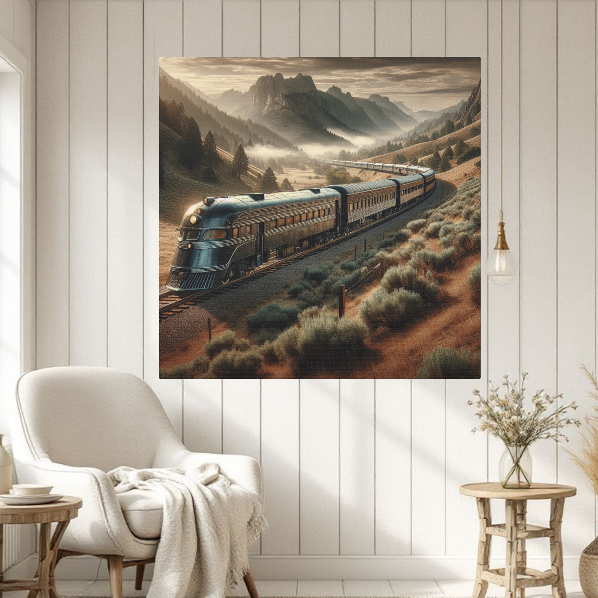 Retro Streamliner Train Through Western Mountains – Vintage Travel Wall Art