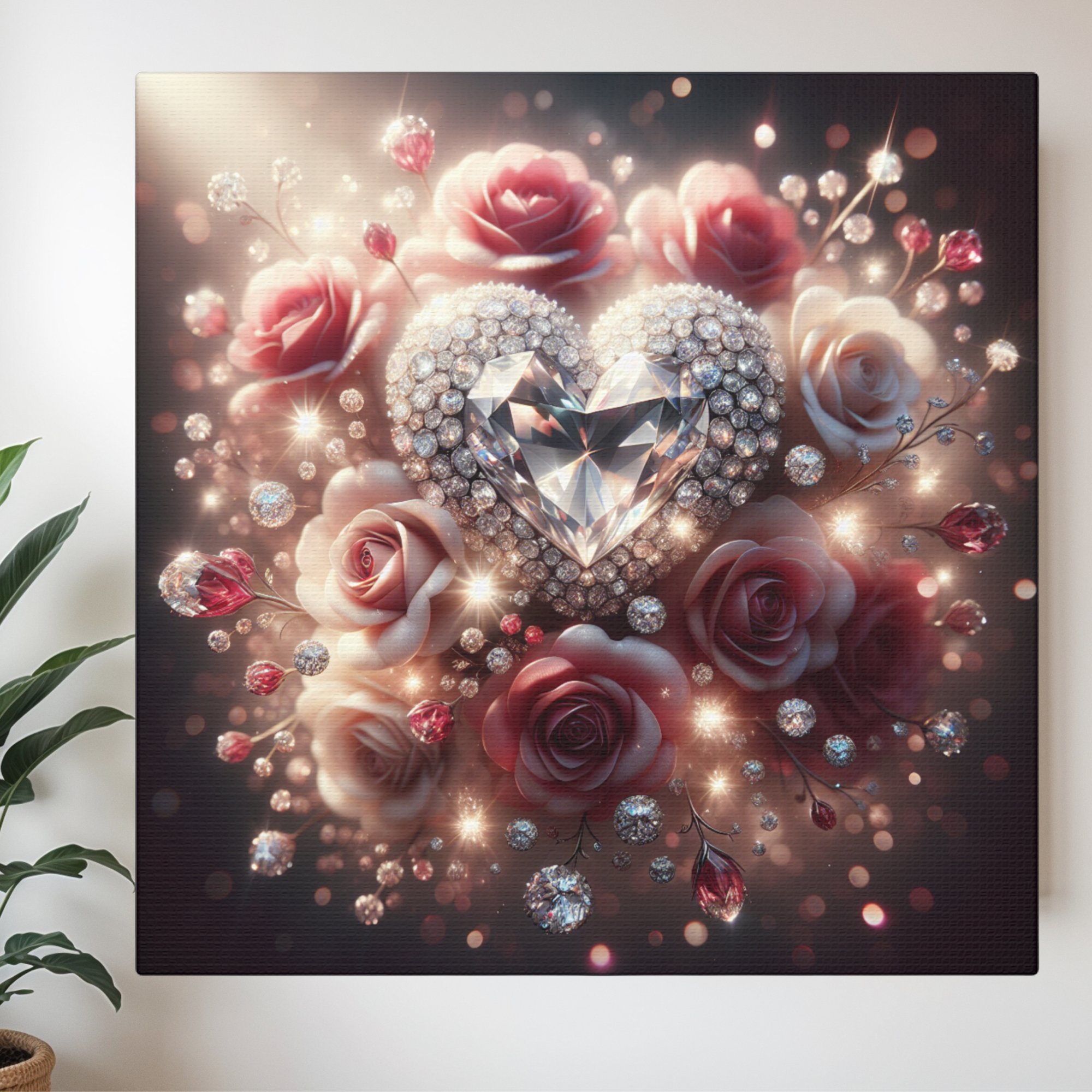 Diamond Heart Surrounded by Roses – Romantic Glam Wall Art