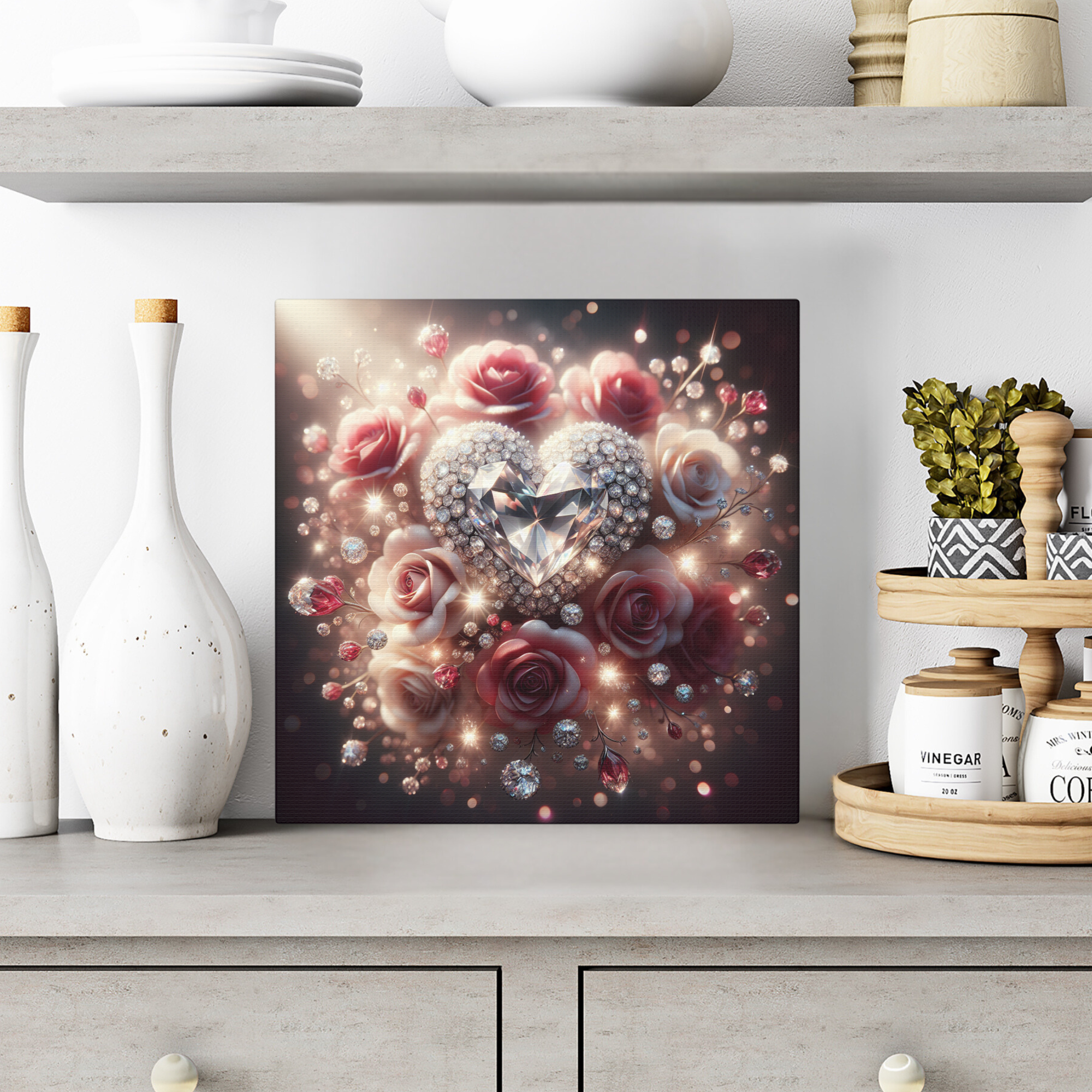 Diamond Heart Surrounded by Roses – Romantic Glam Wall Art