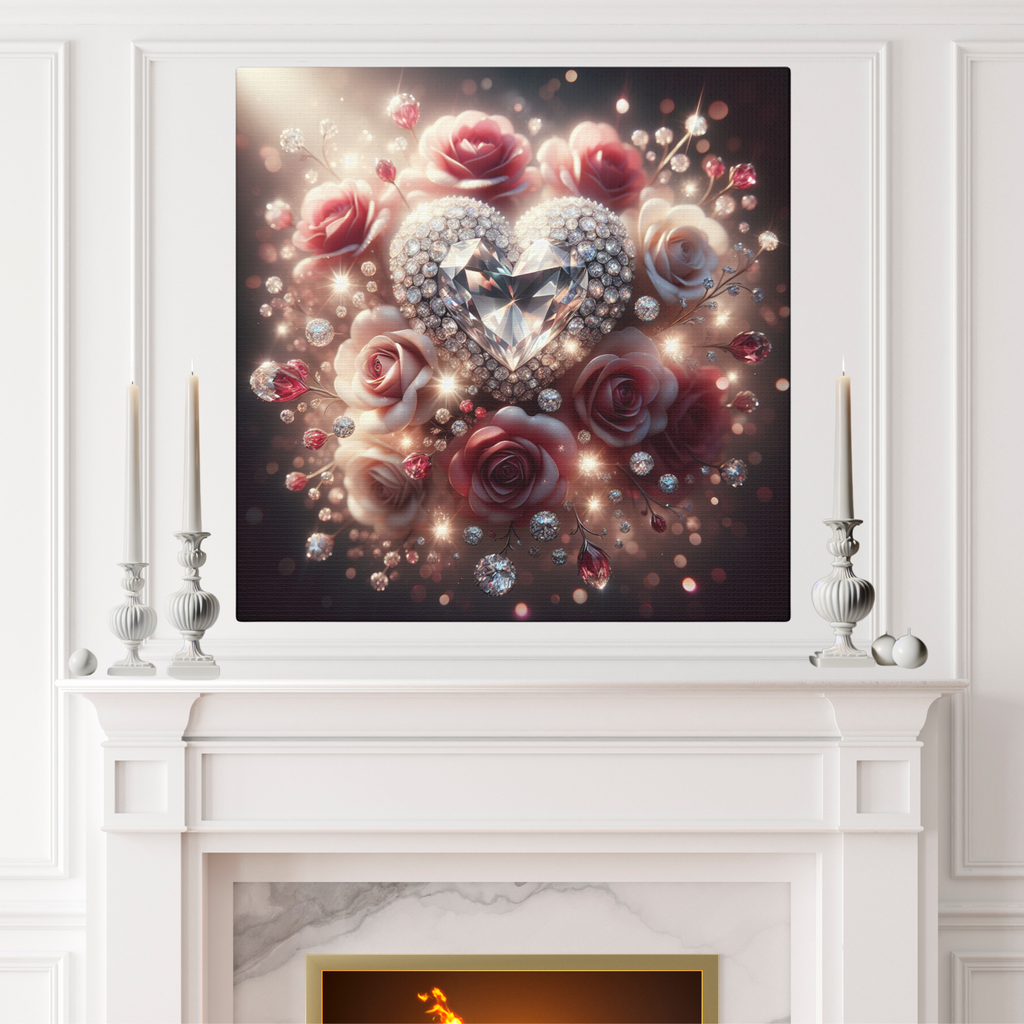 Diamond Heart Surrounded by Roses – Romantic Glam Wall Art