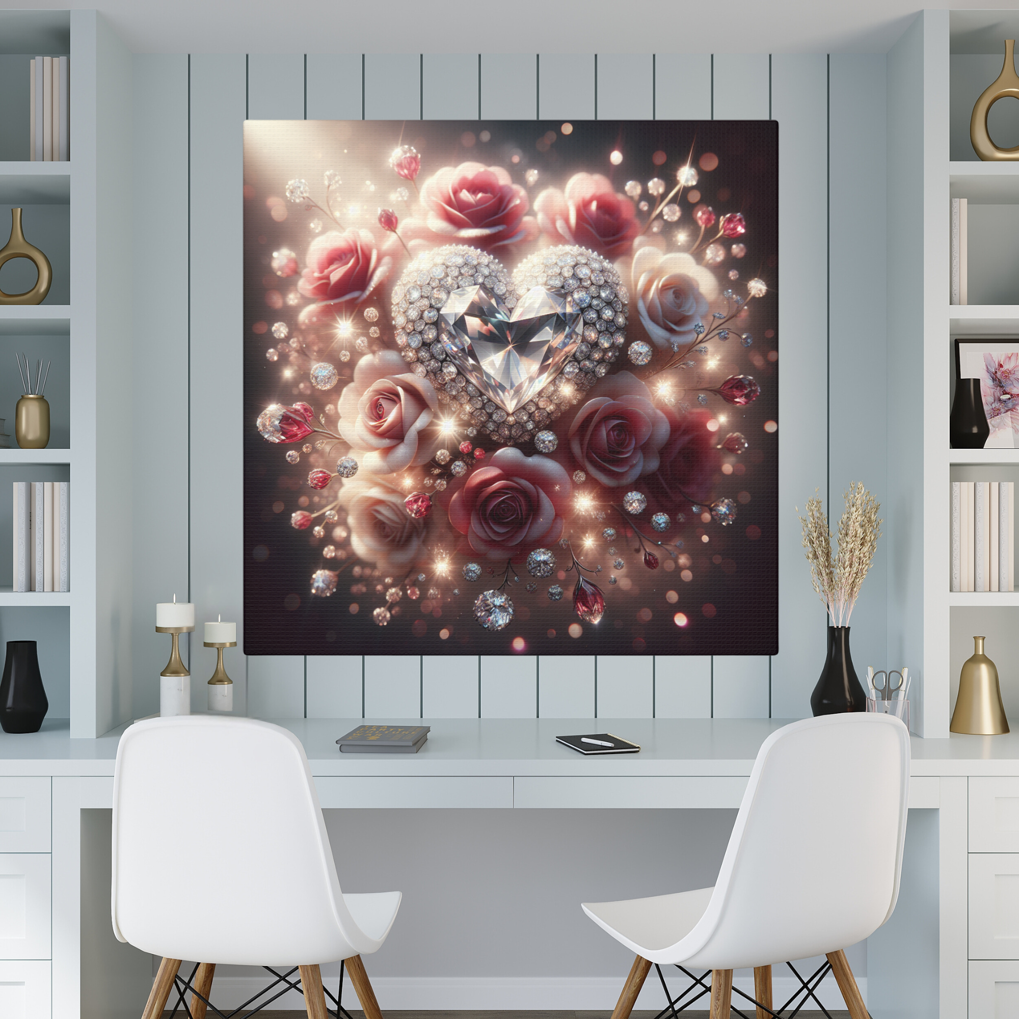 Diamond Heart Surrounded by Roses – Romantic Glam Wall Art