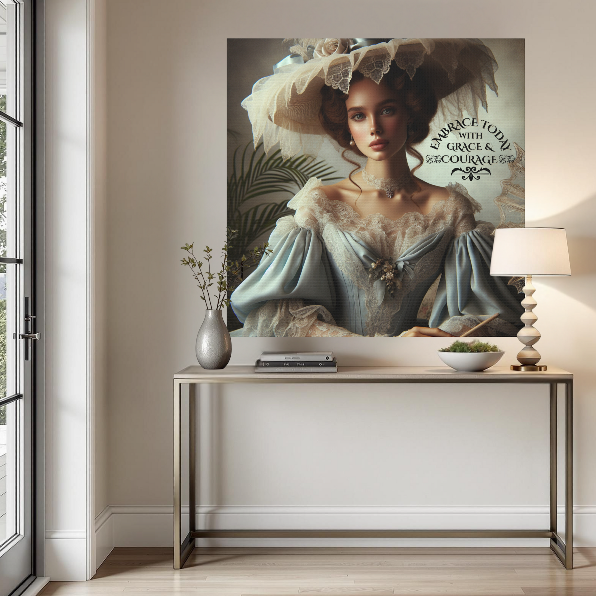 Victorian Lady in Blue Dress With Lace Hat – Inspirational Feminine Wall Art