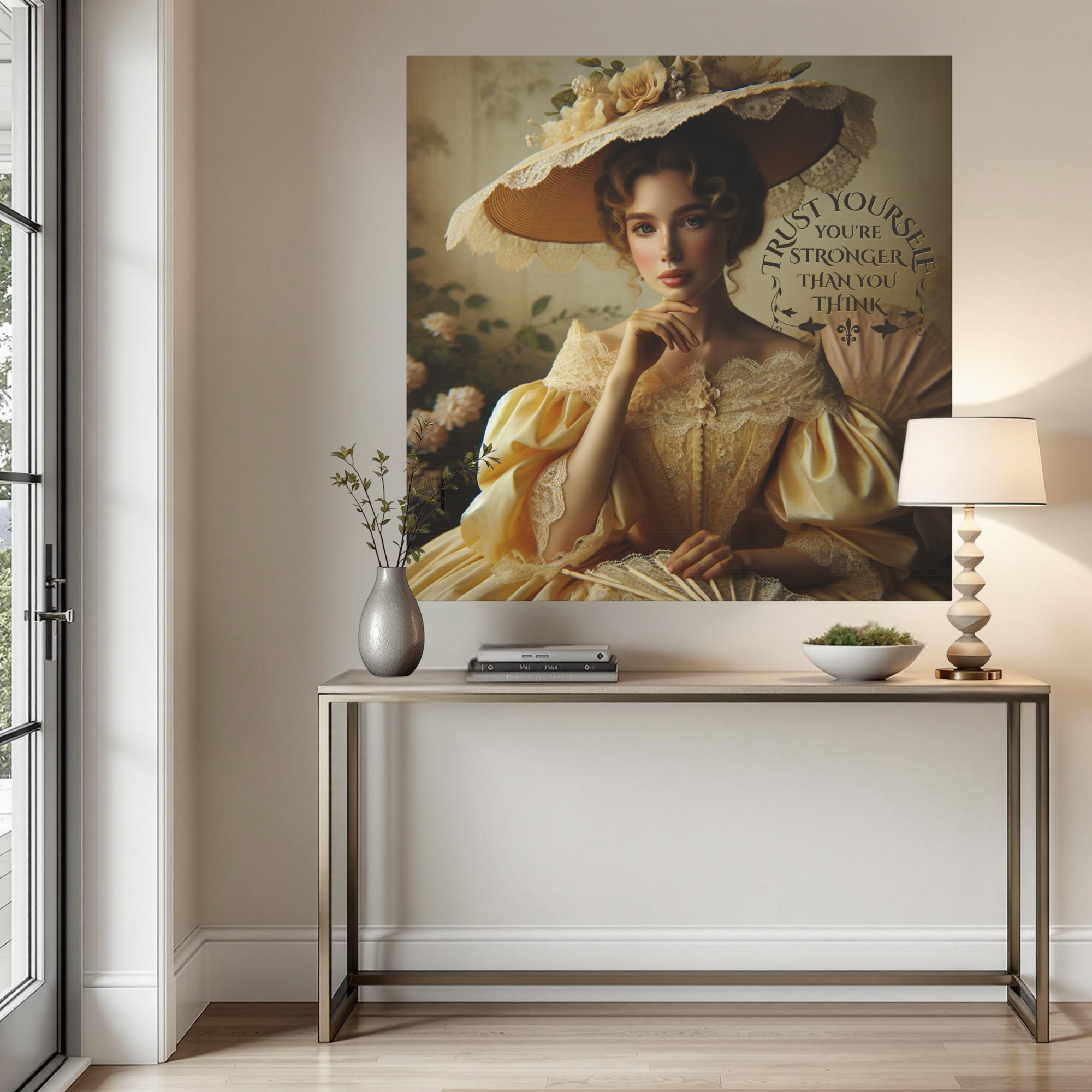 Victorian Lady in Yellow With Lace Fan – Inspirational Wall Art