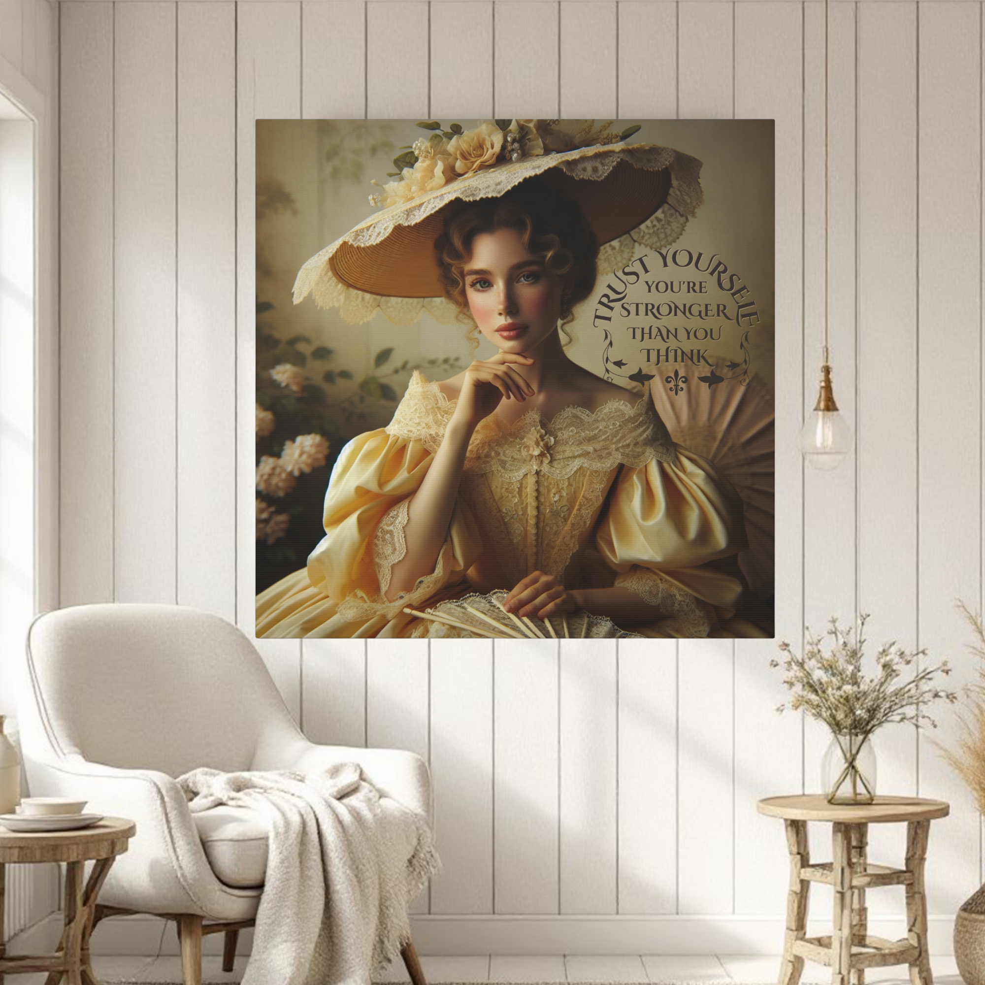 Victorian Lady in Yellow With Lace Fan – Inspirational Wall Art