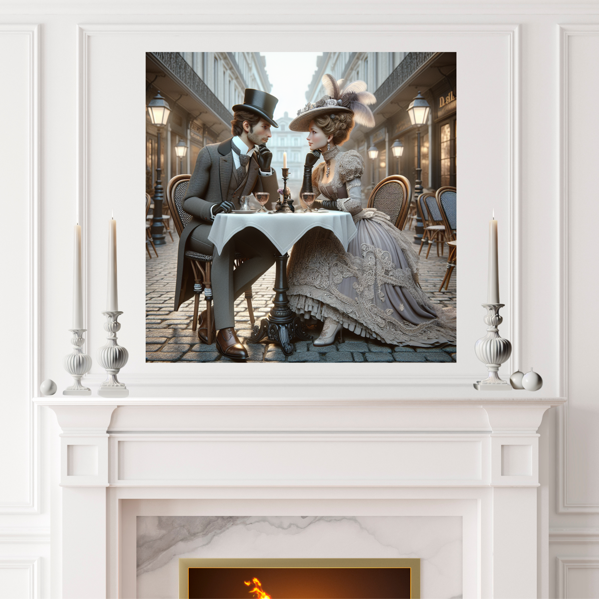 Victorian Couple at Parisian Café Table – Elegant Romance Wall Art