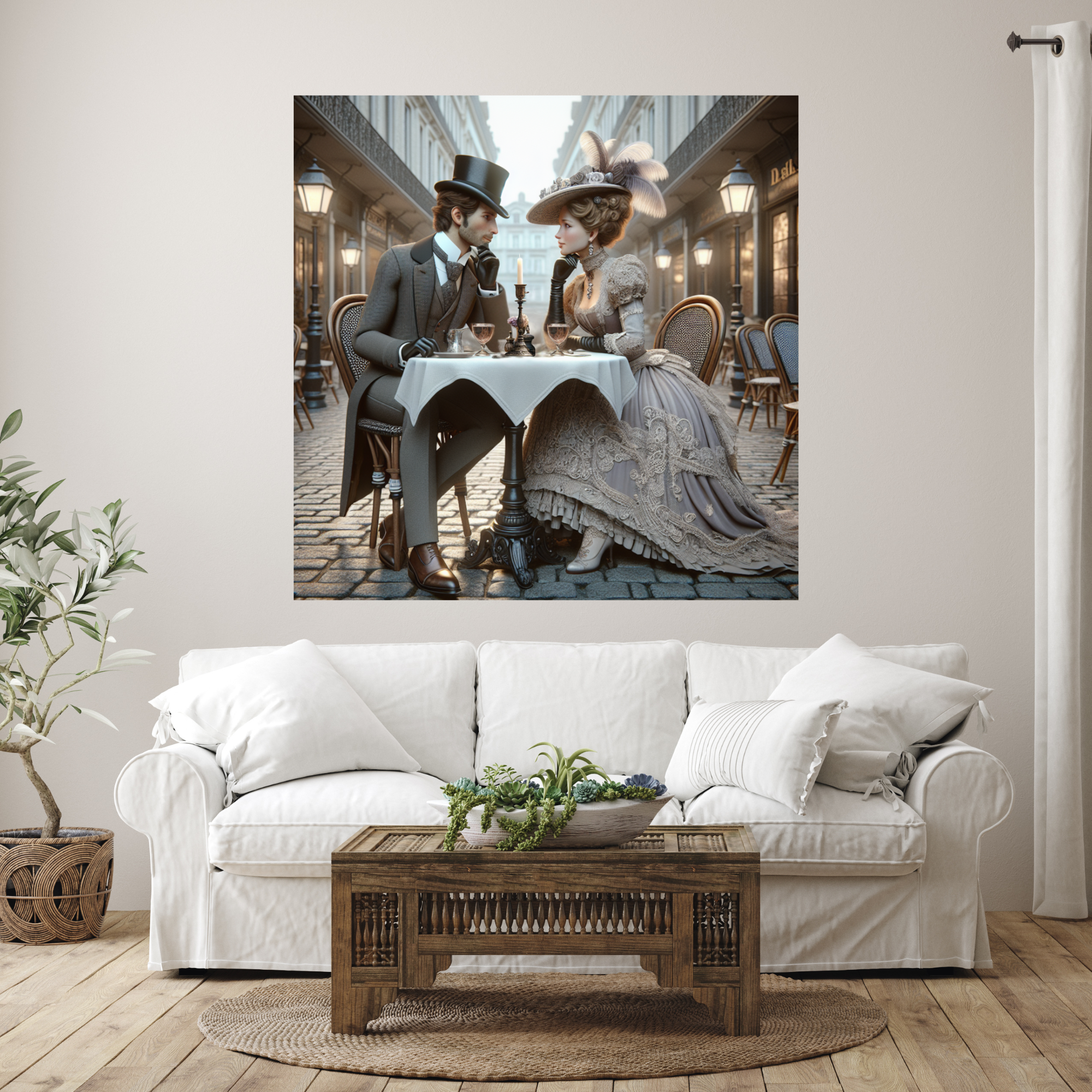 Victorian Couple at Parisian Café Table – Elegant Romance Wall Art