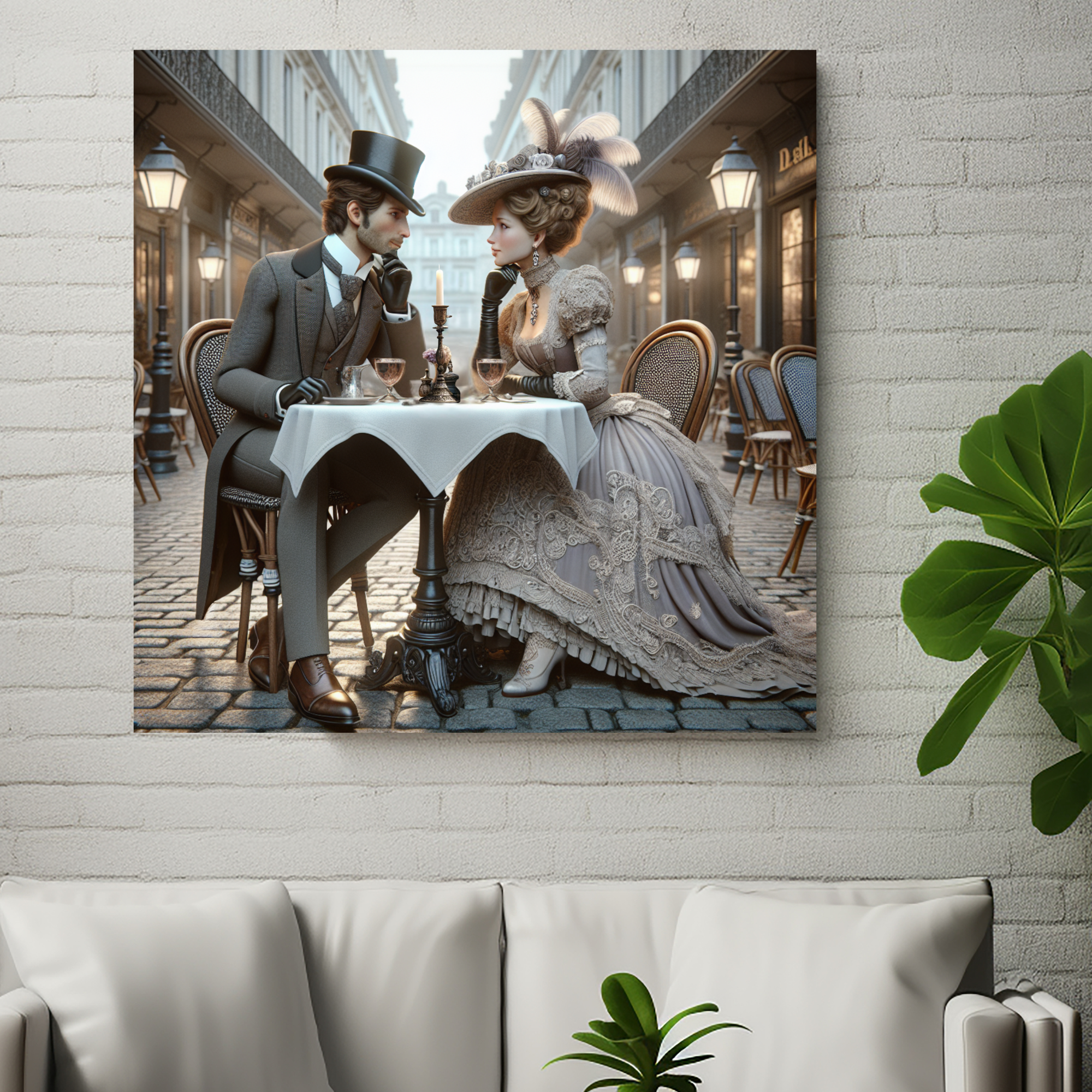 Victorian Couple at Parisian Café Table – Elegant Romance Wall Art