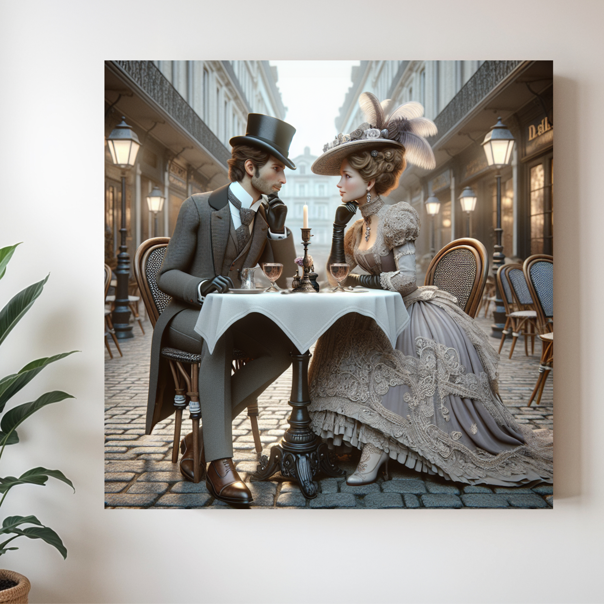 Victorian Couple at Parisian Café Table – Elegant Romance Wall Art