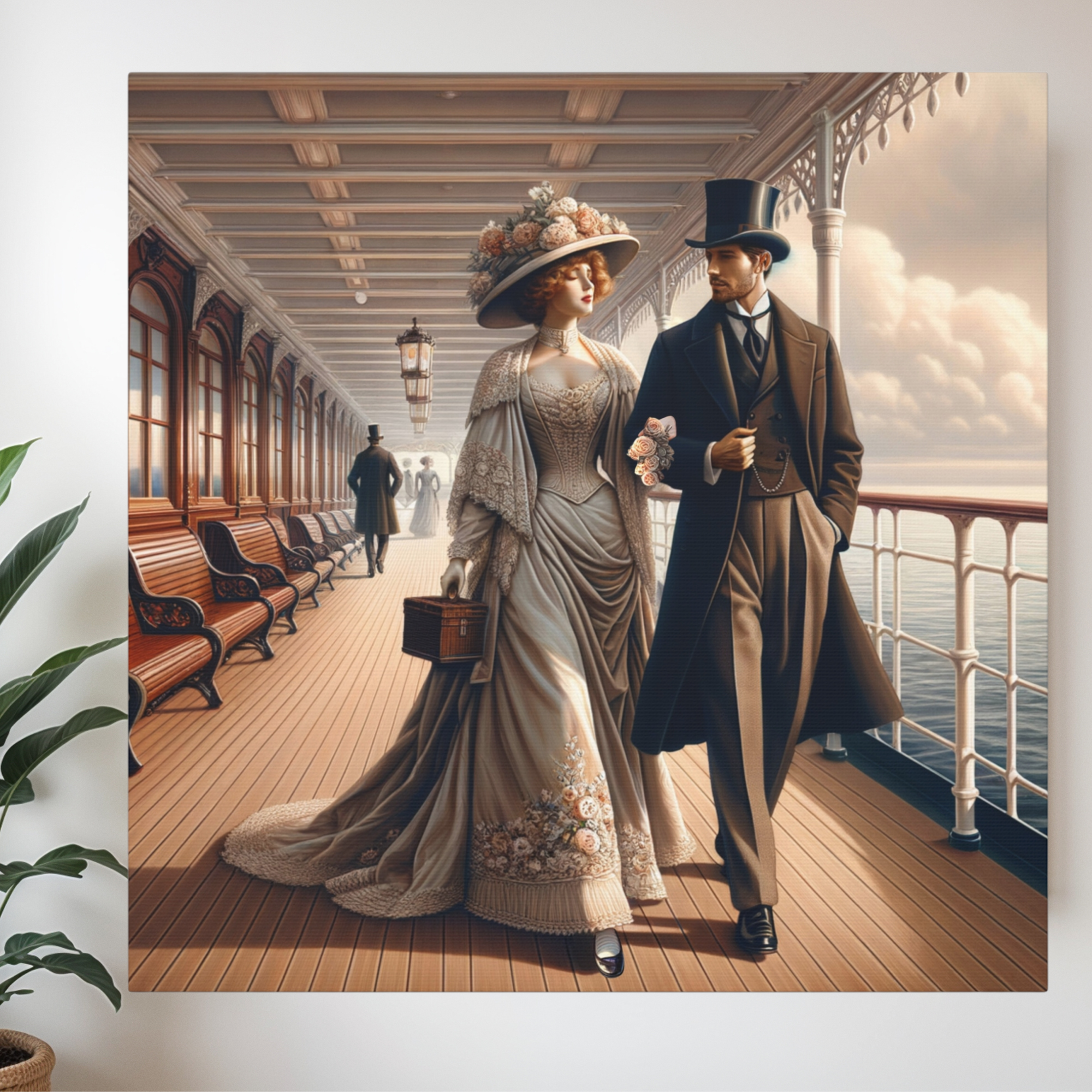 Victorian Couple Strolling Ship Deck – Elegant Romance Wall Art