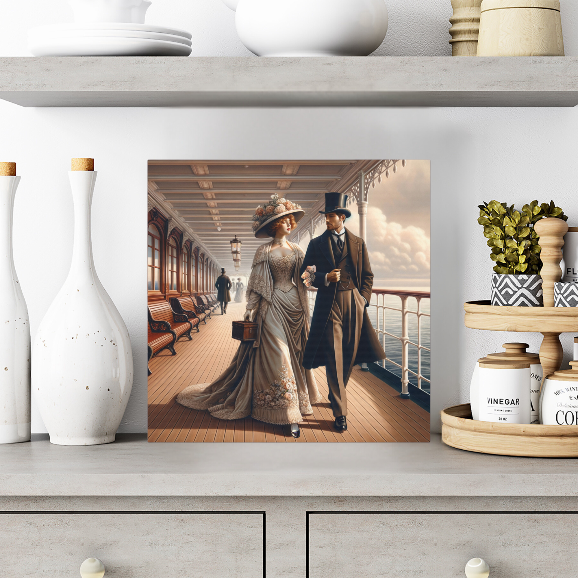 Victorian Couple Strolling Ship Deck – Elegant Romance Wall Art