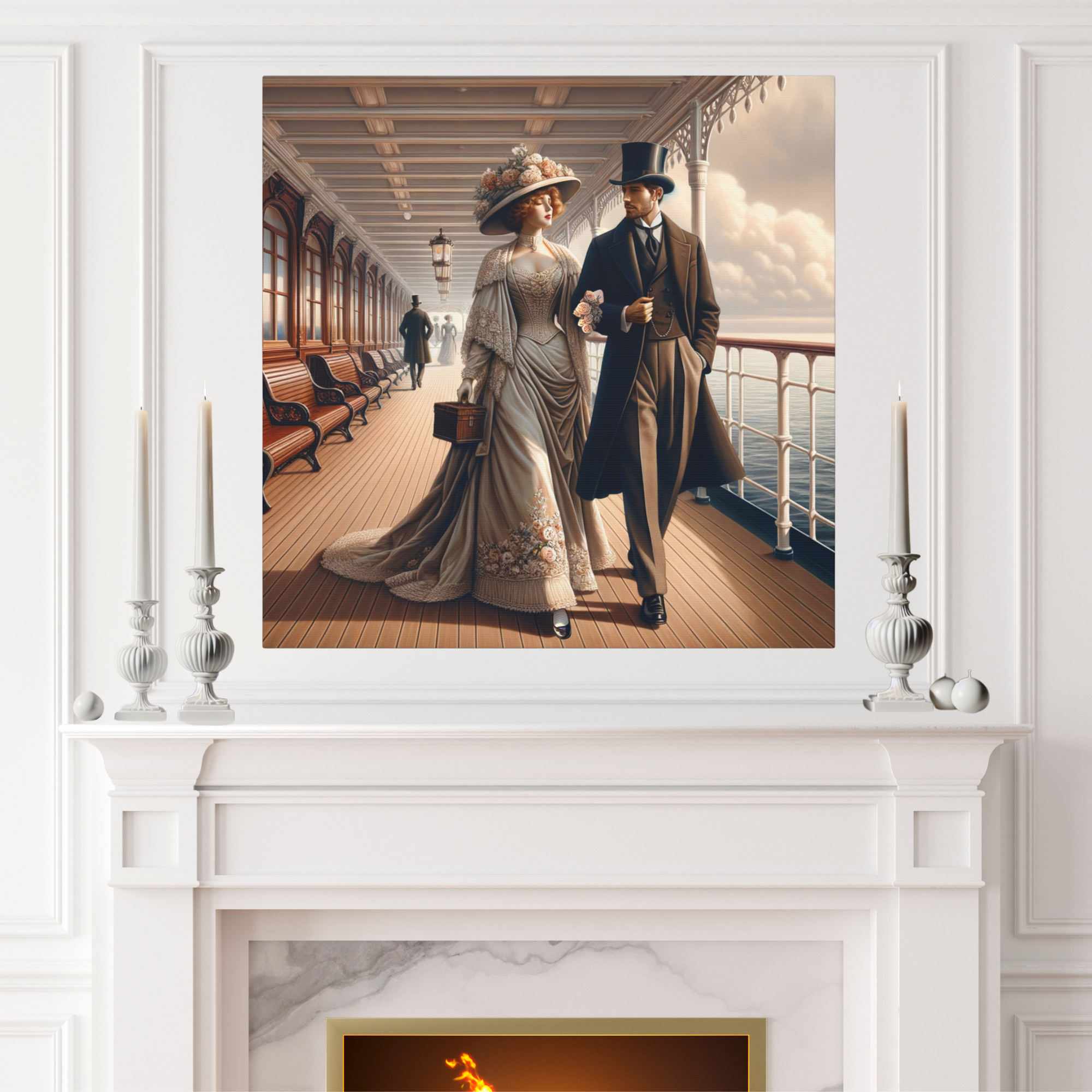 Victorian Couple Strolling Ship Deck – Elegant Romance Wall Art