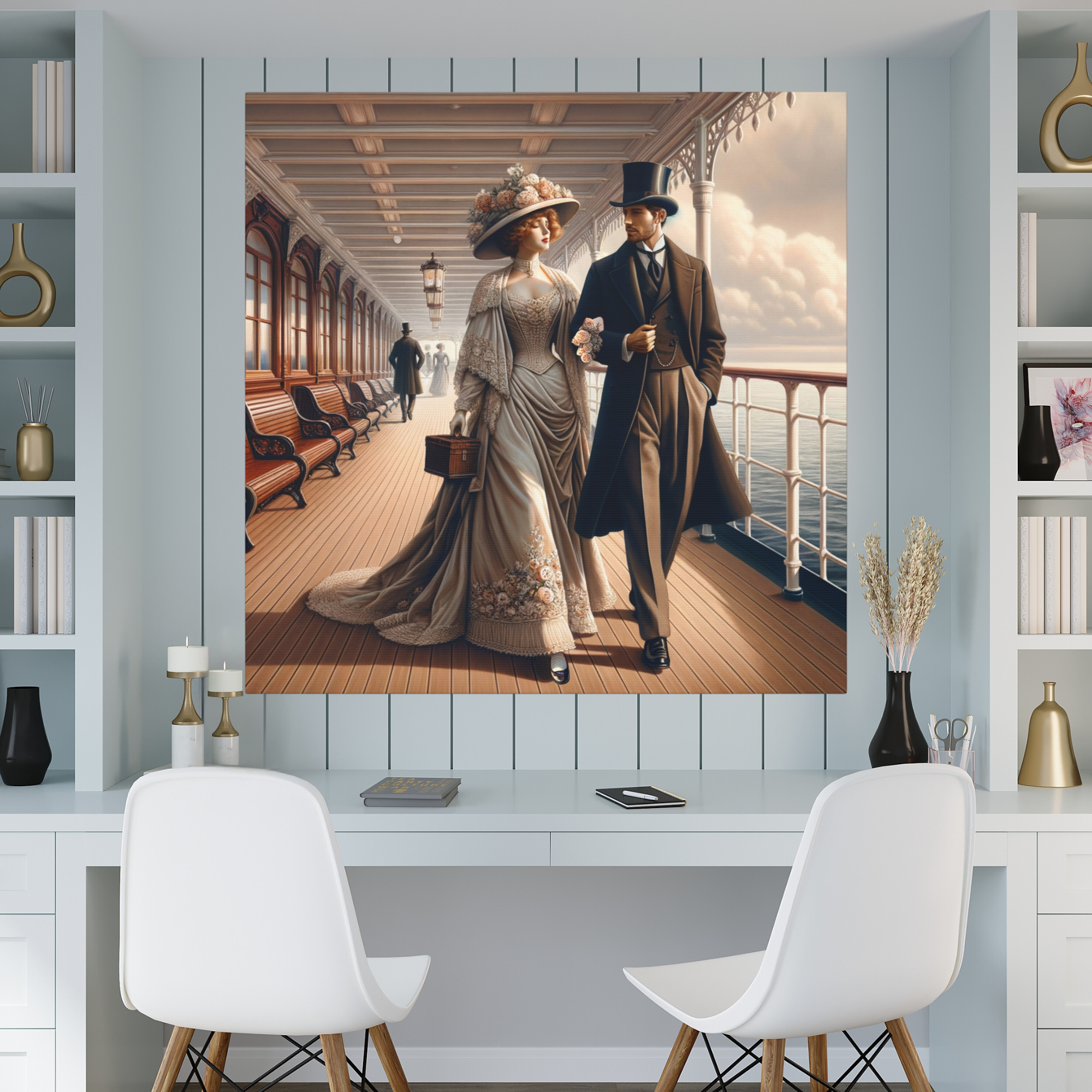 Victorian Couple Strolling Ship Deck – Elegant Romance Wall Art