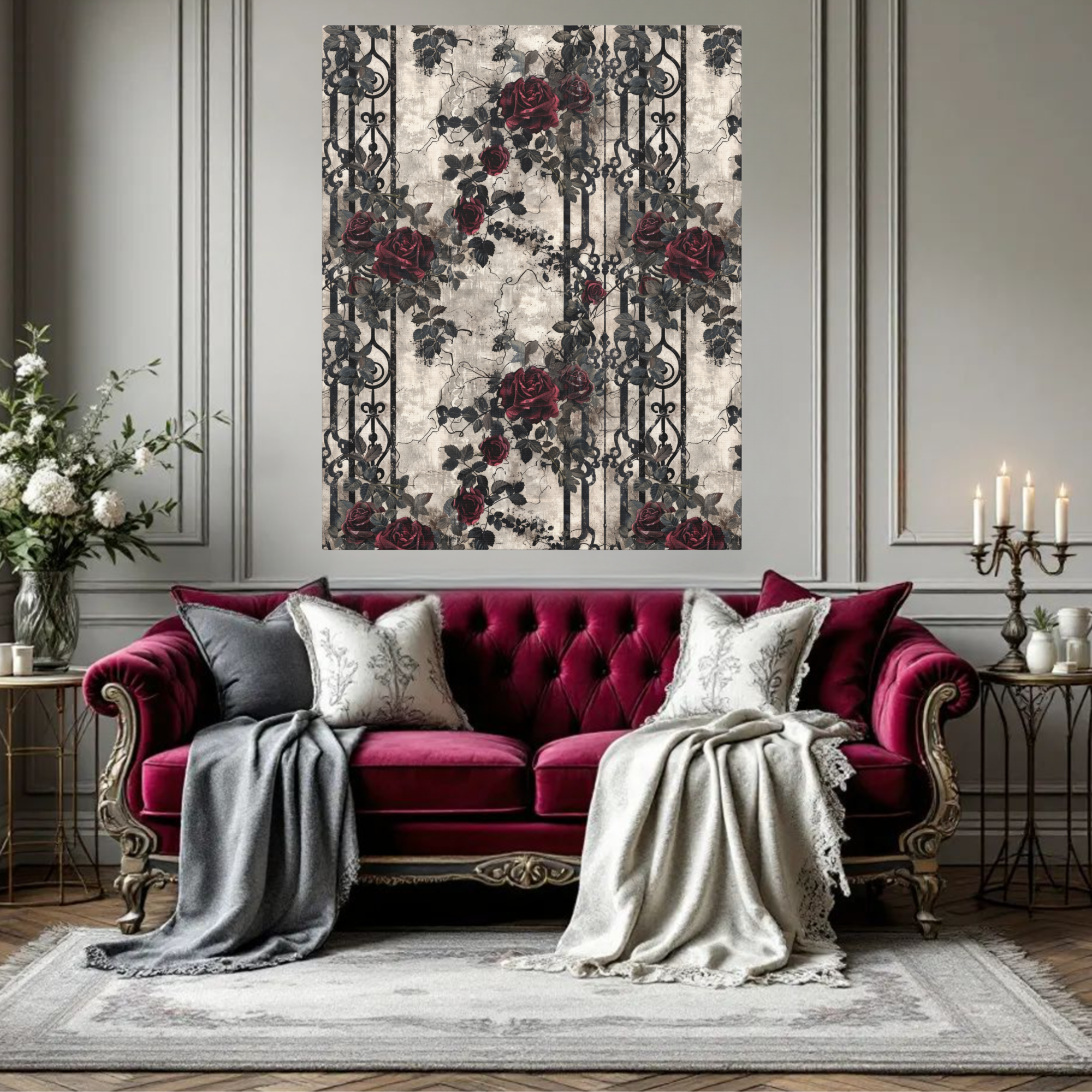 Victorian Garden Rose Pattern With Iron Gate Design – Gothic Floral Wall Art