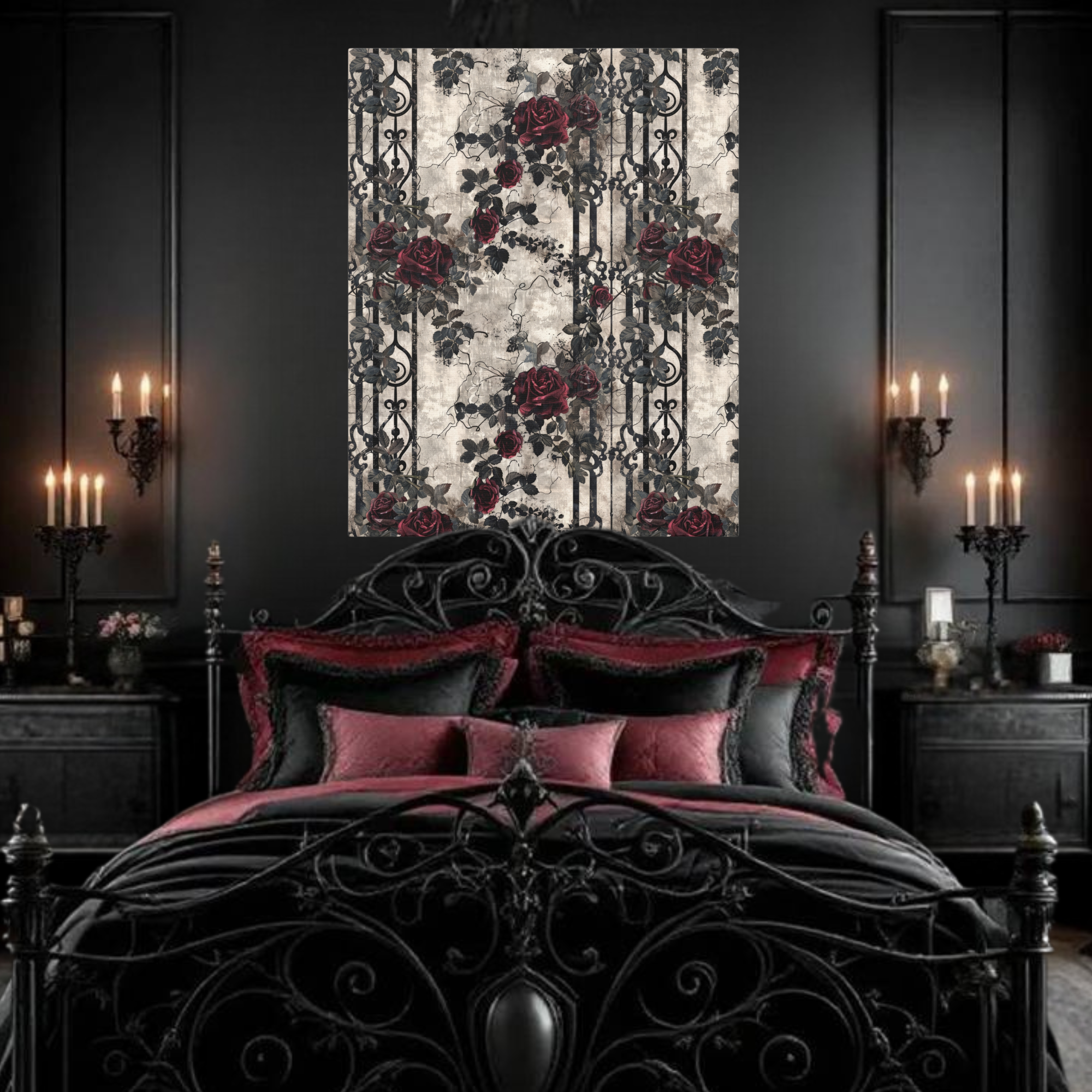 Victorian Garden Rose Pattern With Iron Gate Design – Gothic Floral Wall Art
