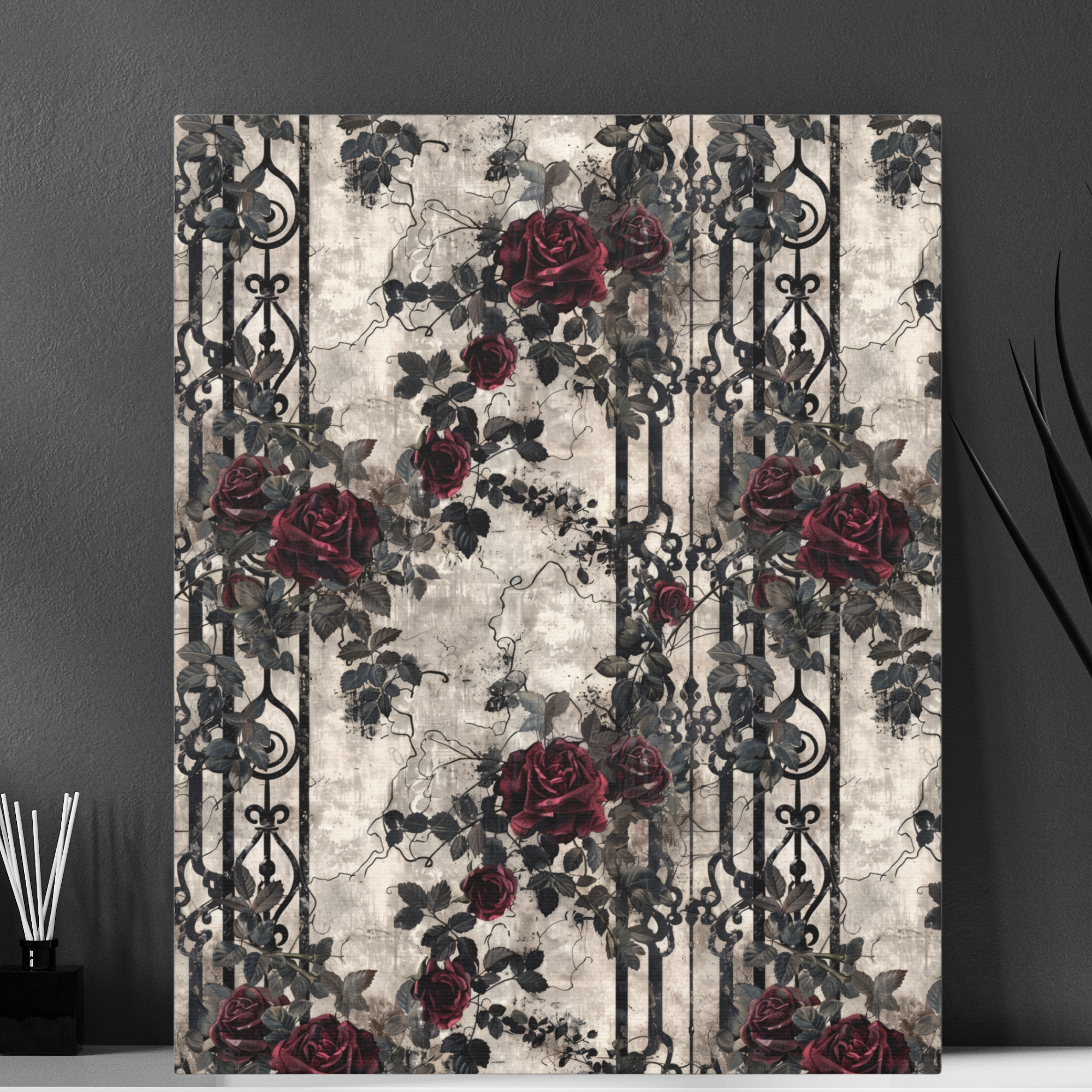Victorian Garden Rose Pattern With Iron Gate Design – Gothic Floral Wall Art