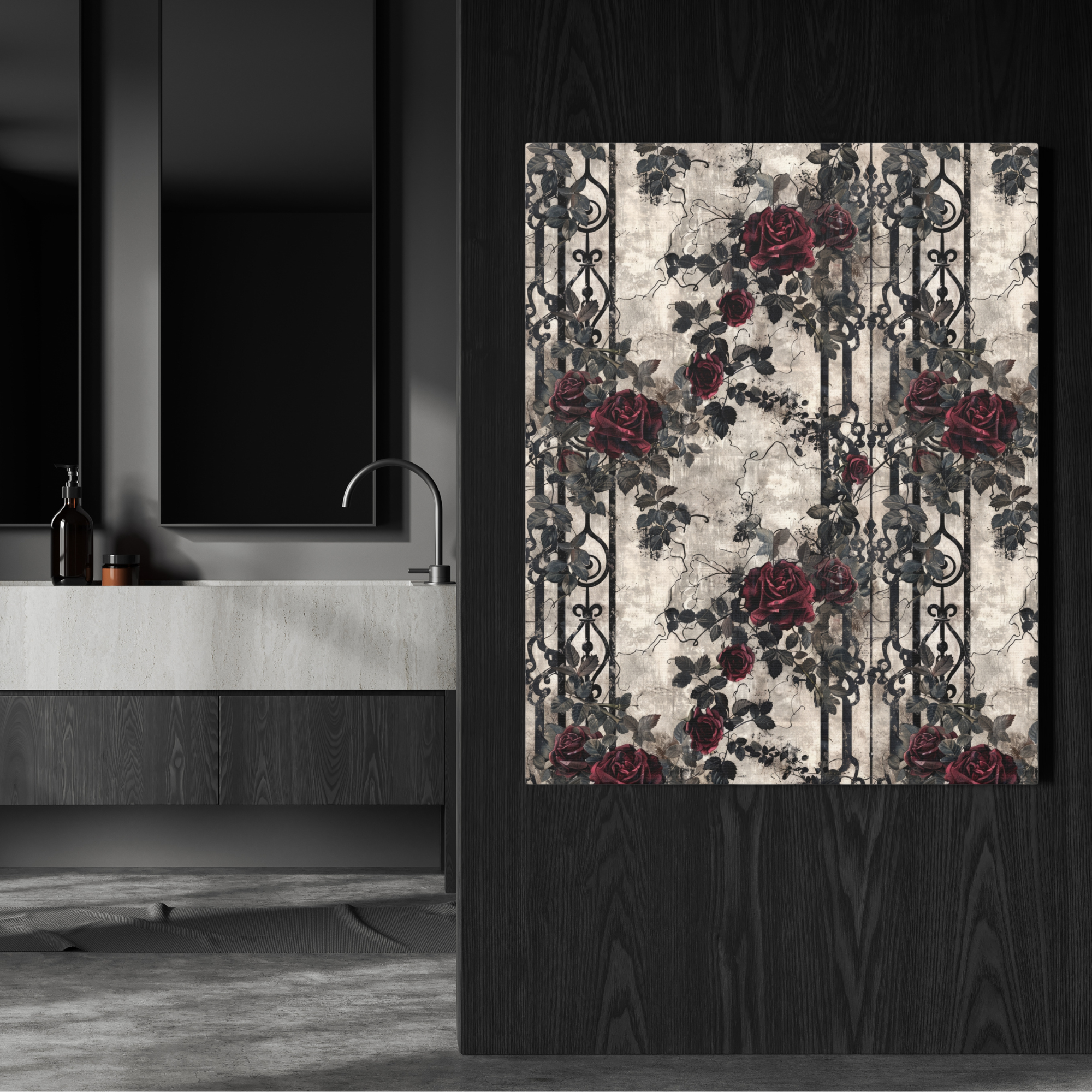 Victorian Garden Rose Pattern With Iron Gate Design – Gothic Floral Wall Art