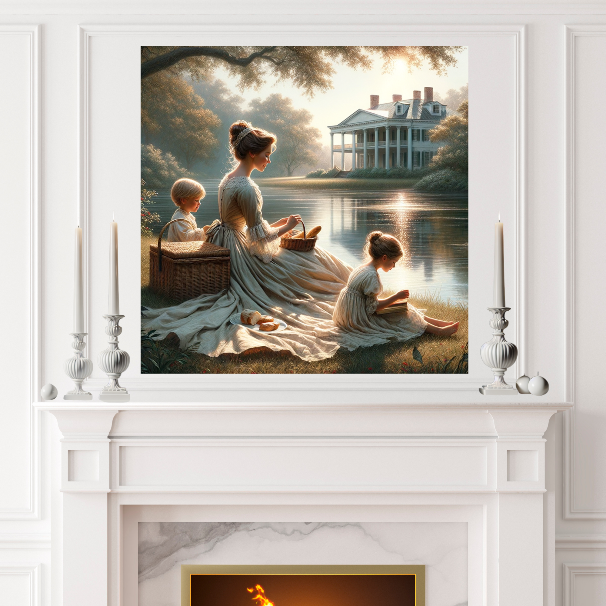 Victorian Mother With Children by Lake – Romantic Countryside Wall Art