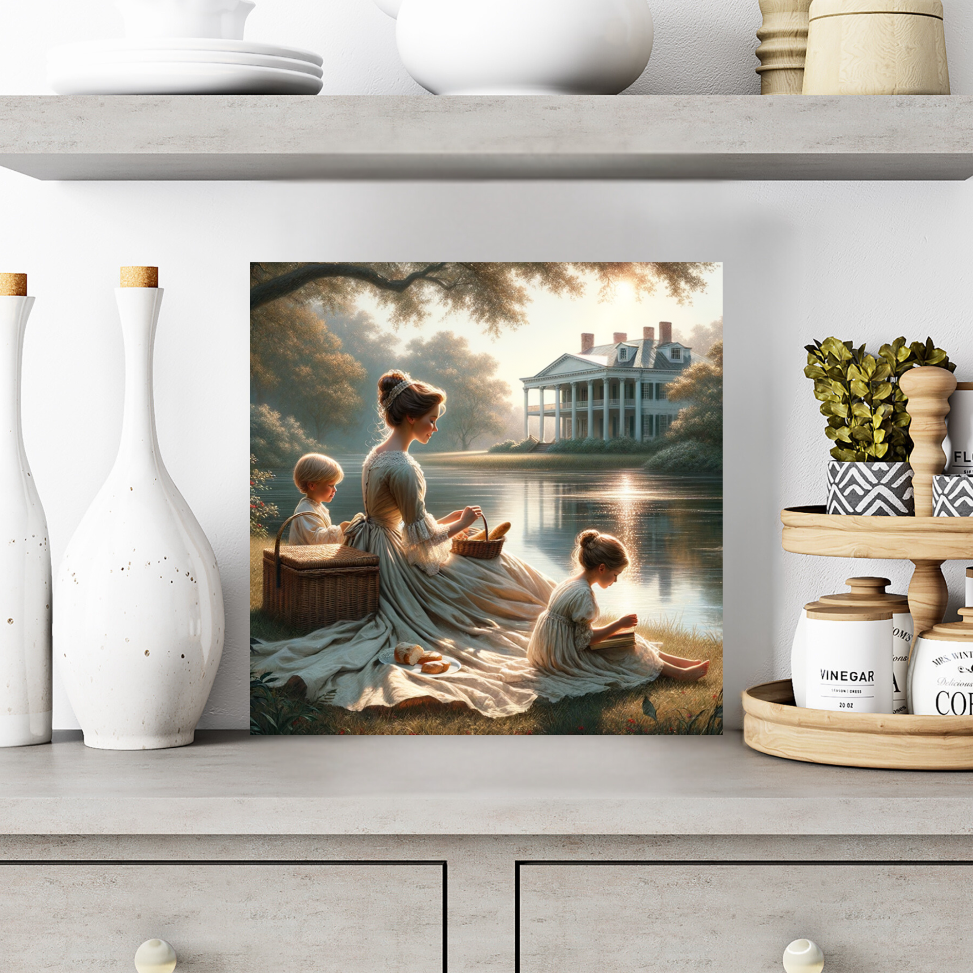 Victorian Mother With Children by Lake – Romantic Countryside Wall Art