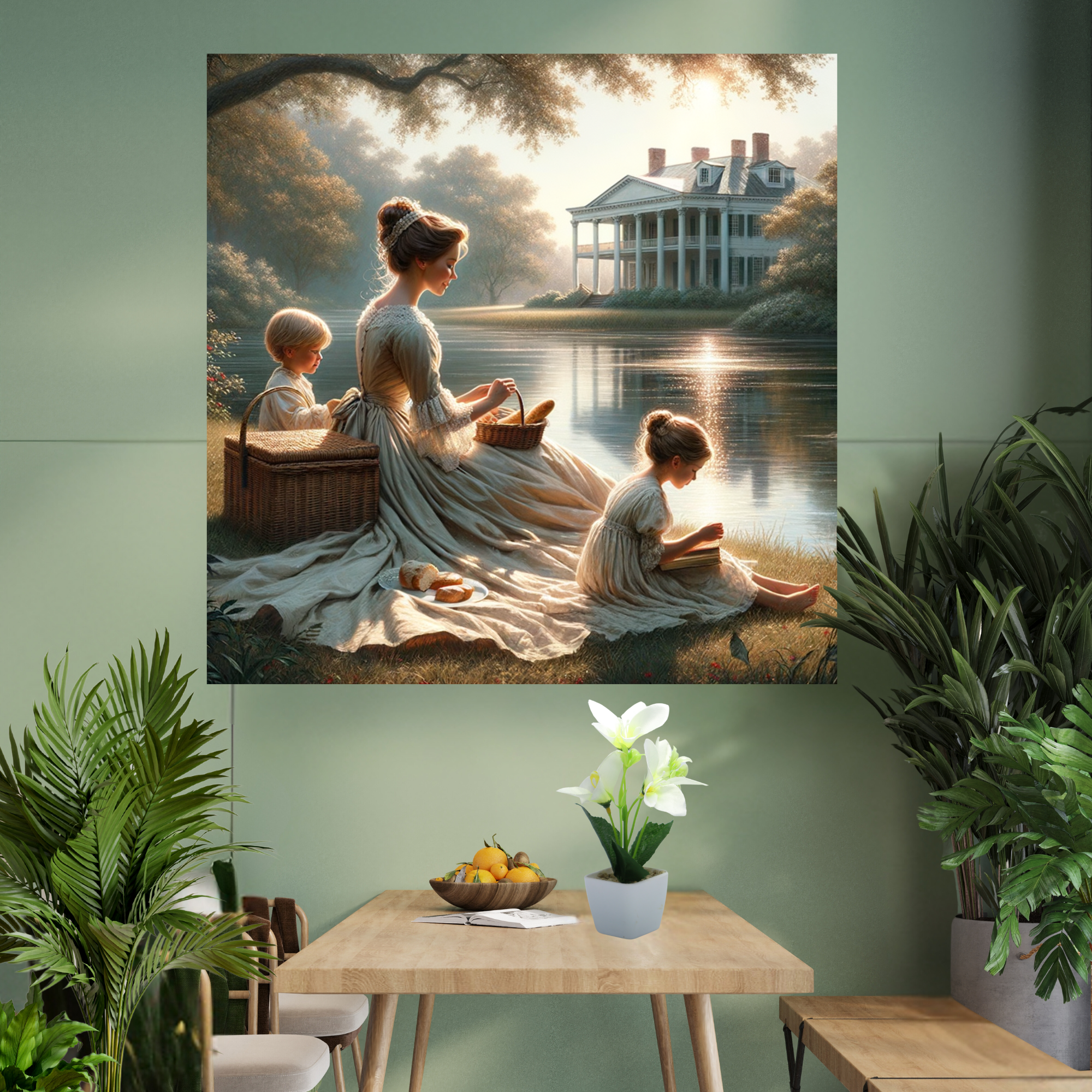 Victorian Mother With Children by Lake – Romantic Countryside Wall Art