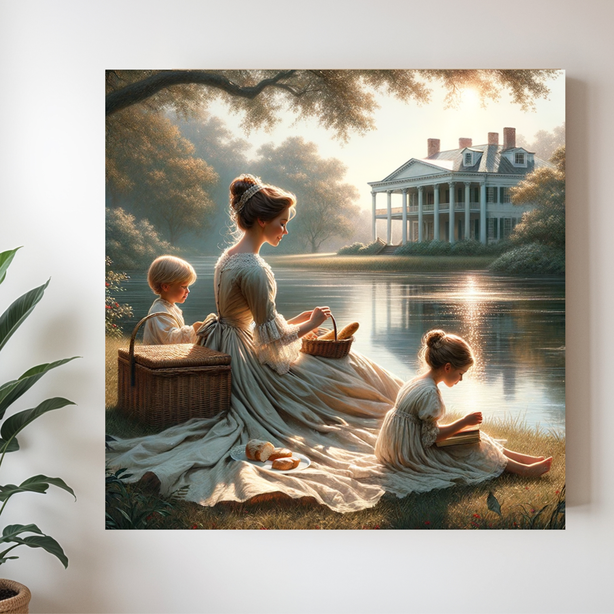 Victorian Mother With Children by Lake – Romantic Countryside Wall Art