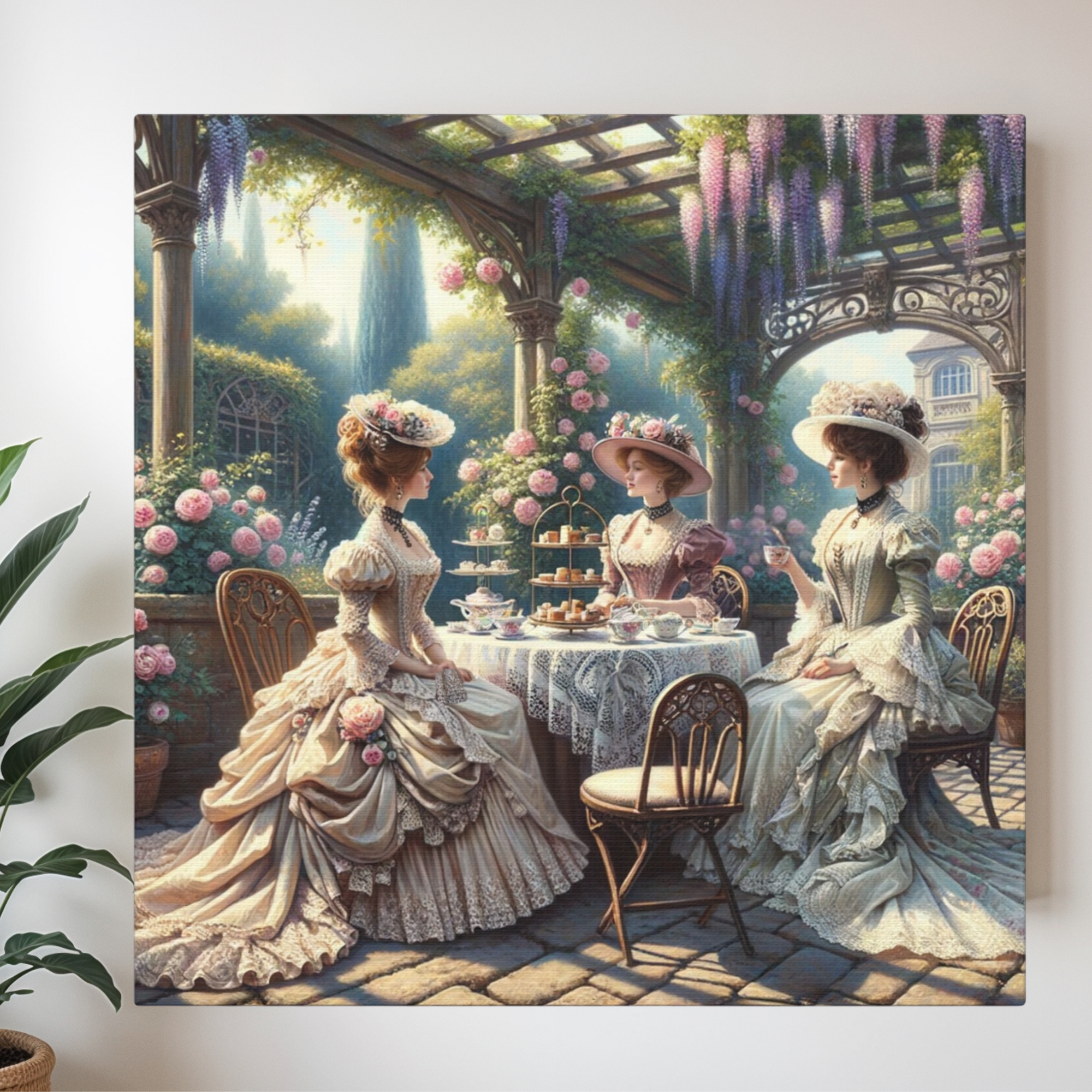 Victorian Garden Tea Party With Three Ladies – Elegant Outdoor Wall Art