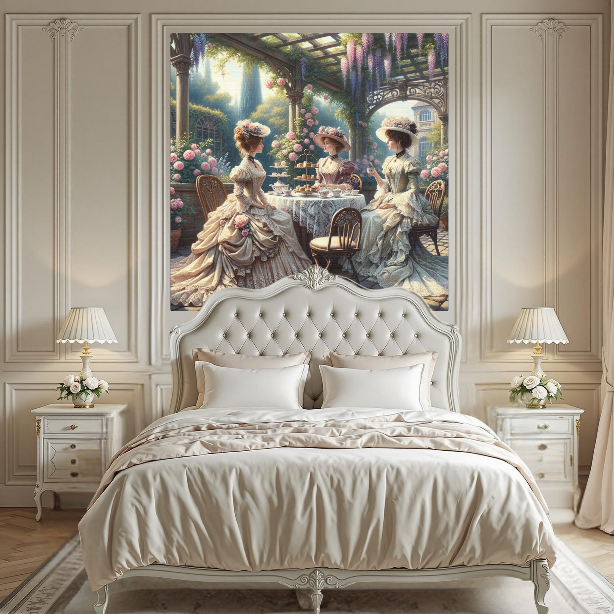 Victorian Garden Tea Party With Three Ladies – Elegant Outdoor Wall Art