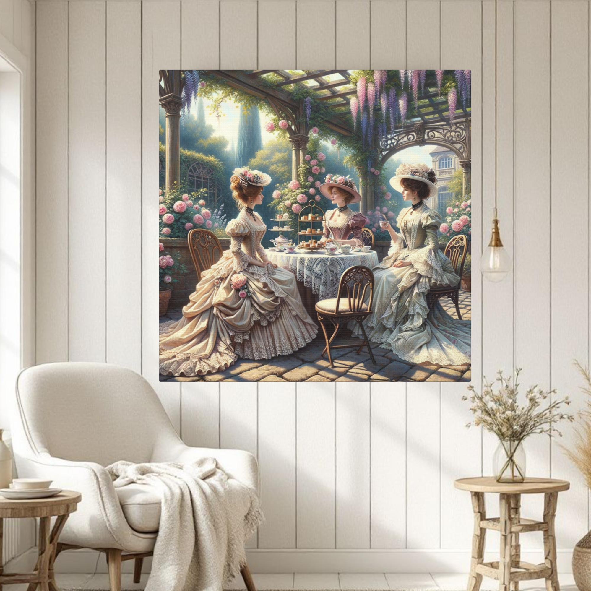 Victorian Garden Tea Party With Three Ladies – Elegant Outdoor Wall Art