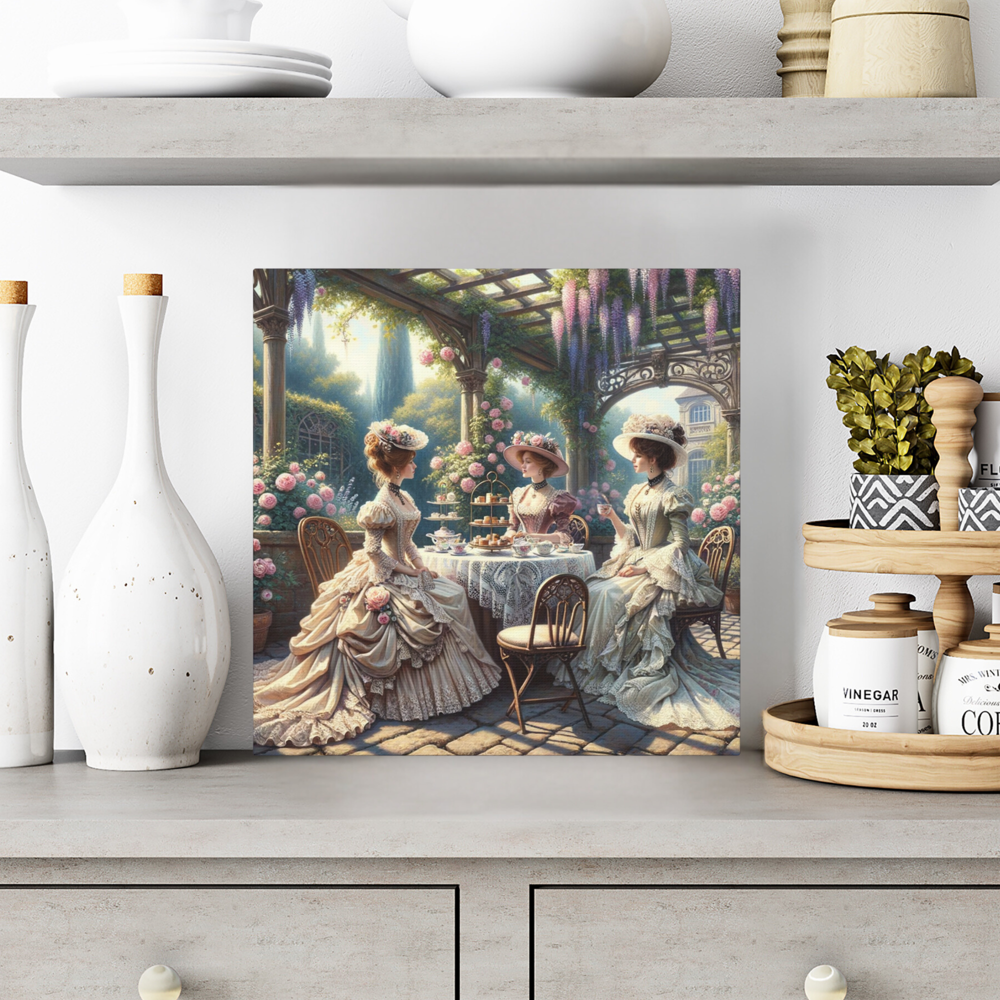 Victorian Garden Tea Party With Three Ladies – Elegant Outdoor Wall Art