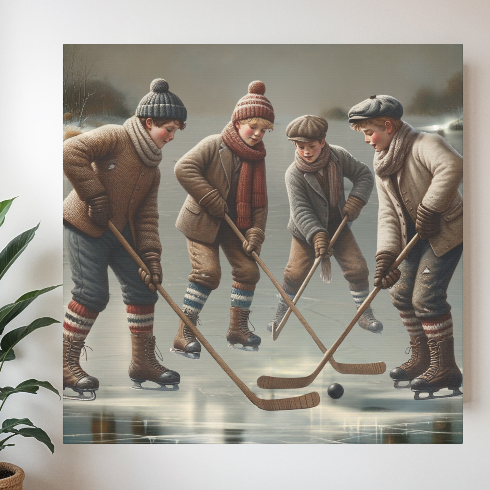 Vintage Boys Playing Hockey on Frozen Pond – Winter Childhood Wall Art