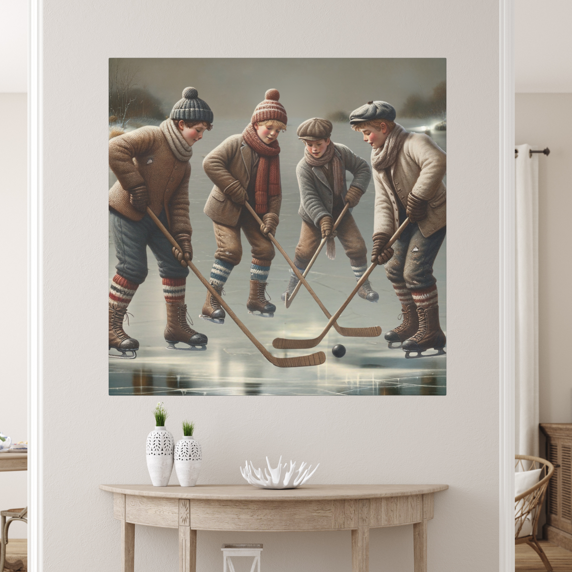 Vintage Boys Playing Hockey on Frozen Pond – Winter Childhood Wall Art