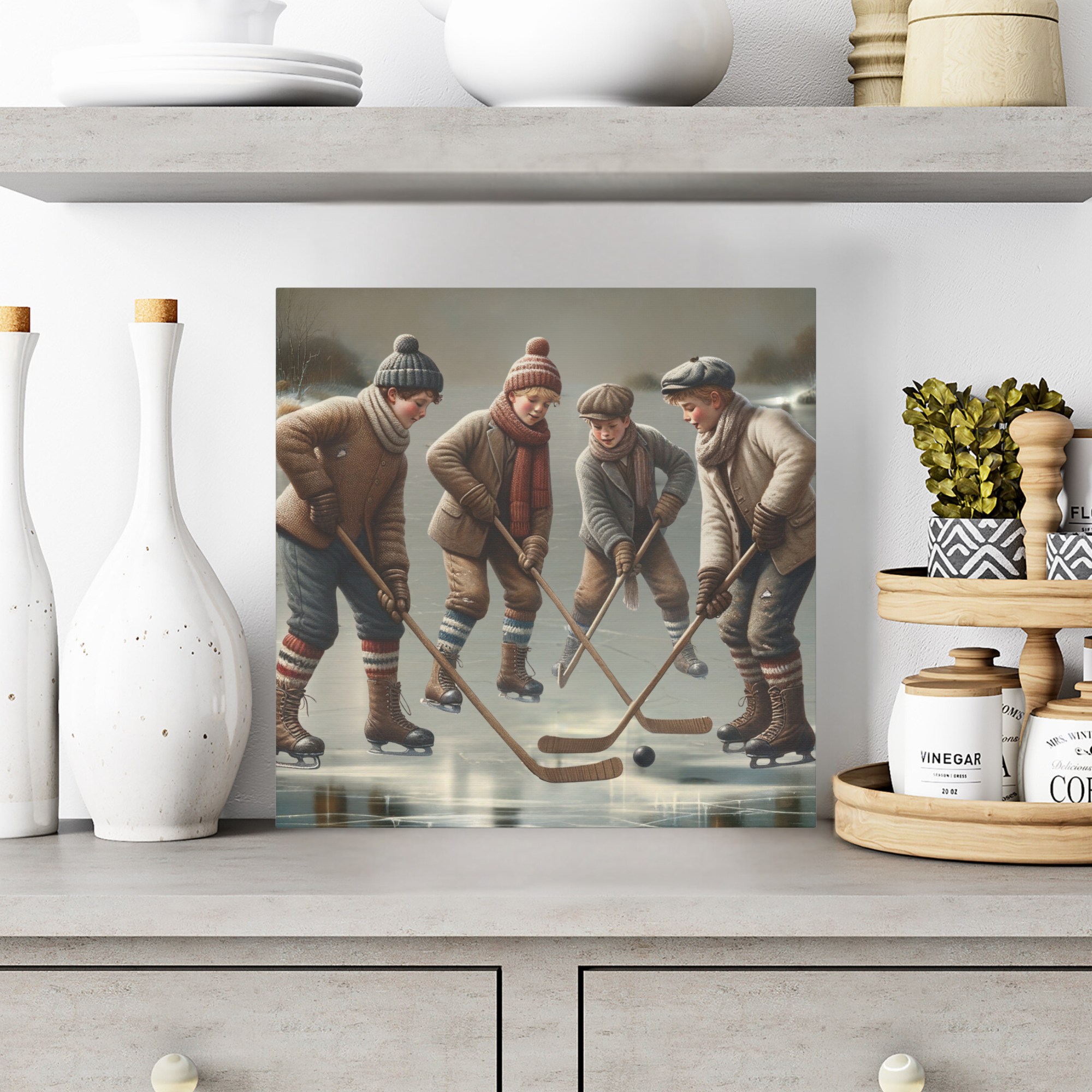 Vintage Boys Playing Hockey on Frozen Pond – Winter Childhood Wall Art