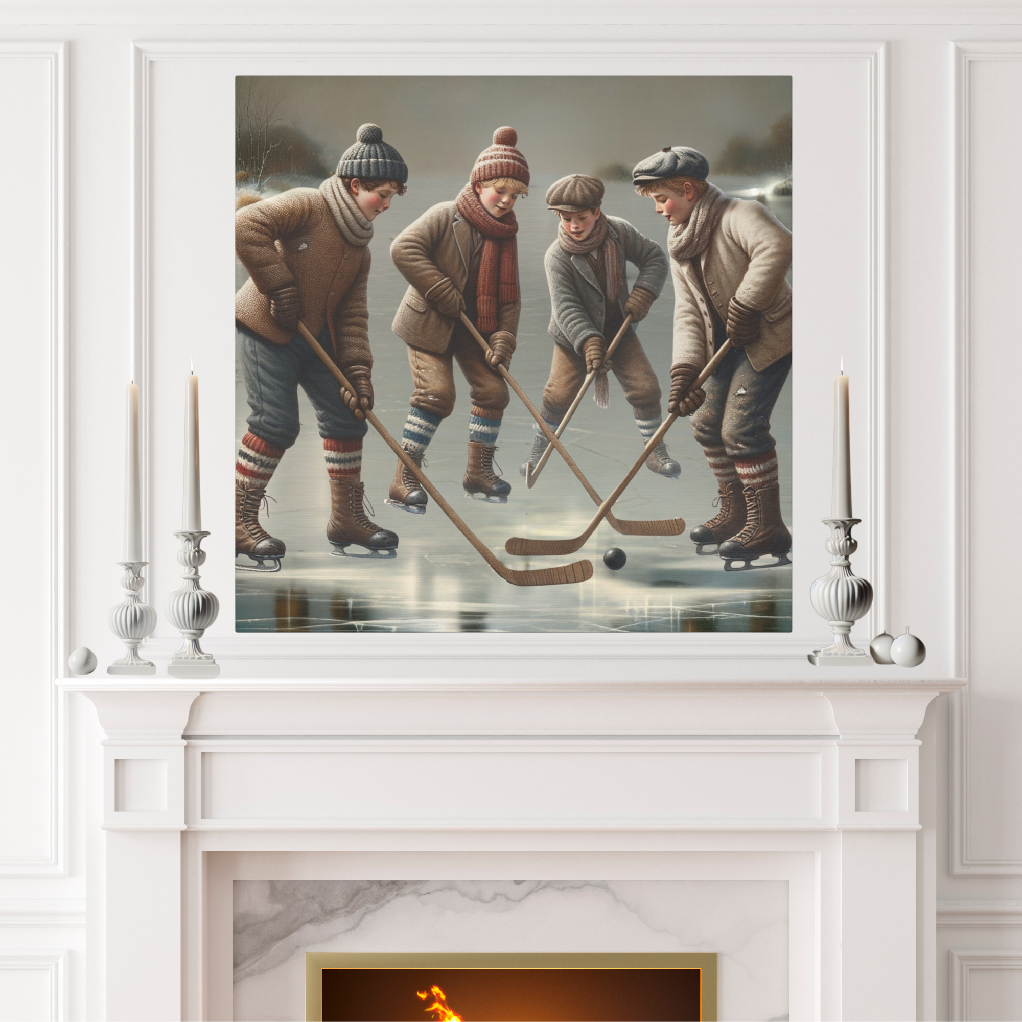 Vintage Boys Playing Hockey on Frozen Pond – Winter Childhood Wall Art