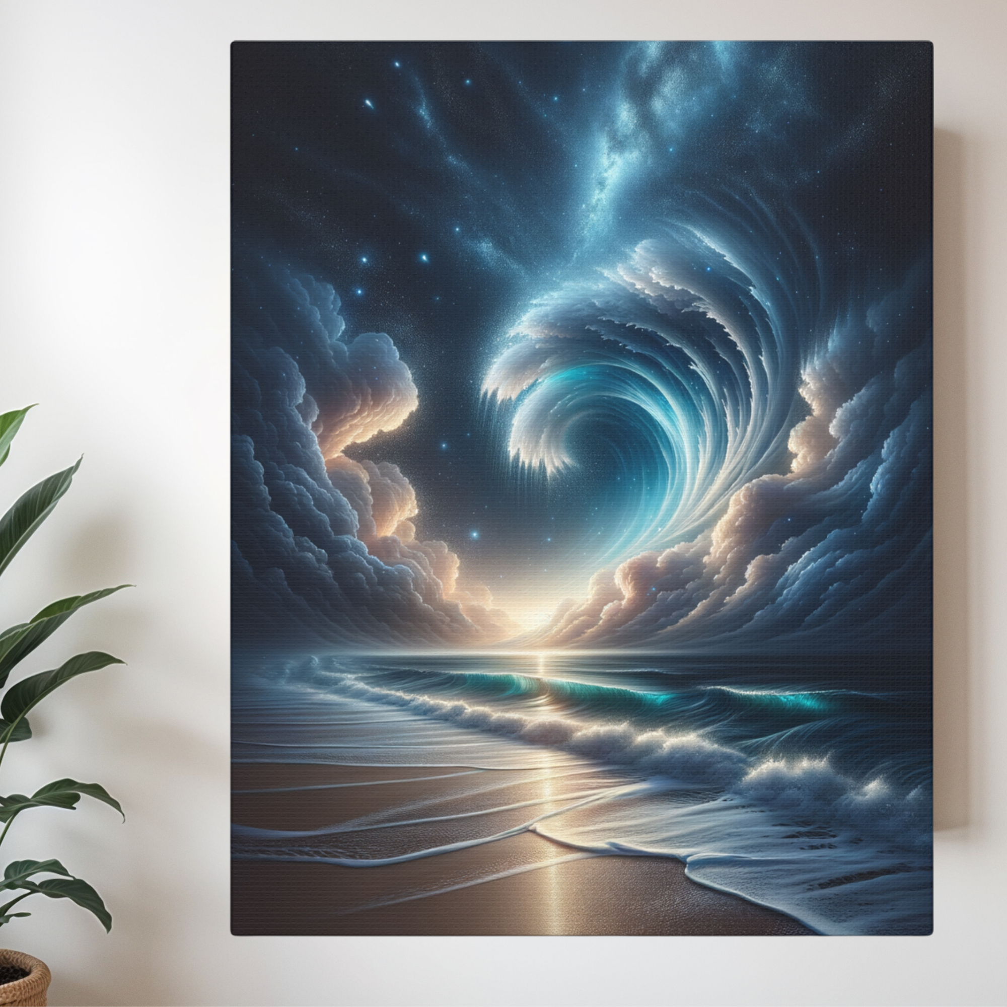 Surreal Cosmic Ocean Wave at Night – Celestial Beach Wall Art