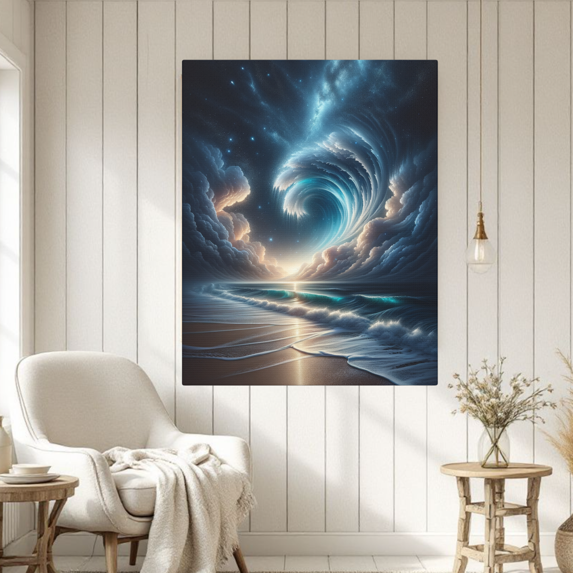 Surreal Cosmic Ocean Wave at Night – Celestial Beach Wall Art
