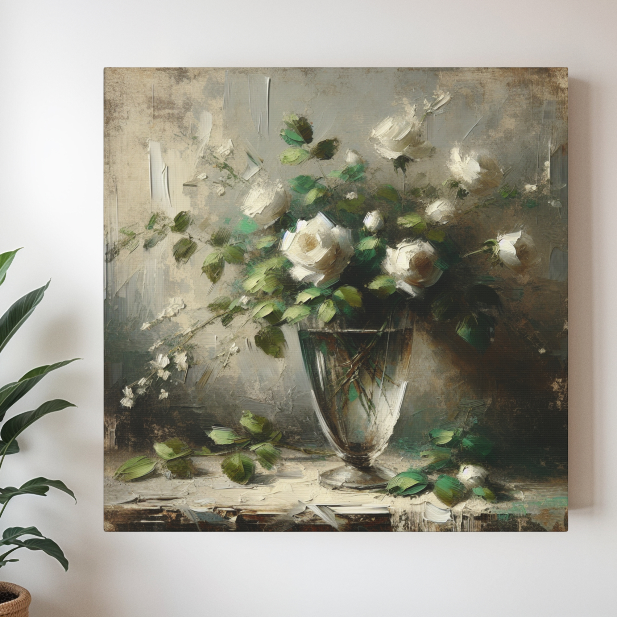 White Roses in Glass Vase – Vintage Impressionist Floral Wall Art