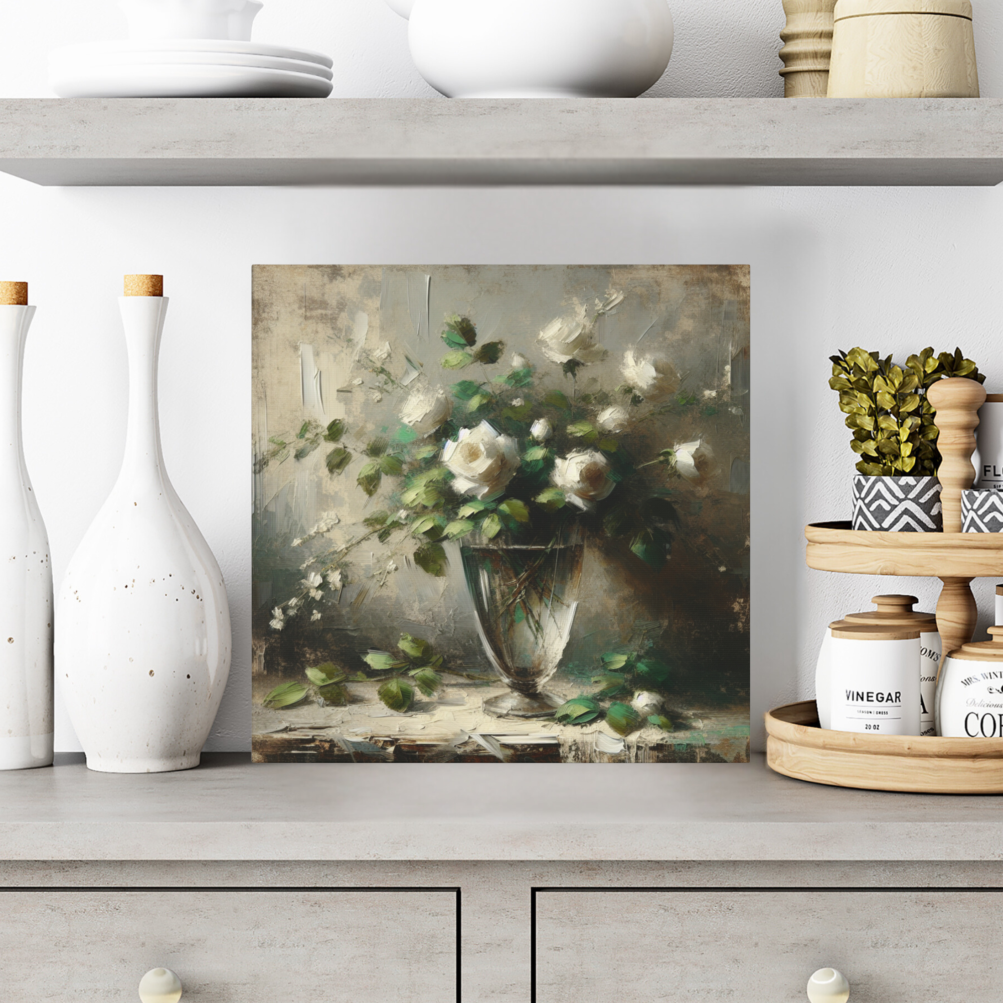 White Roses in Glass Vase – Vintage Impressionist Floral Wall Art