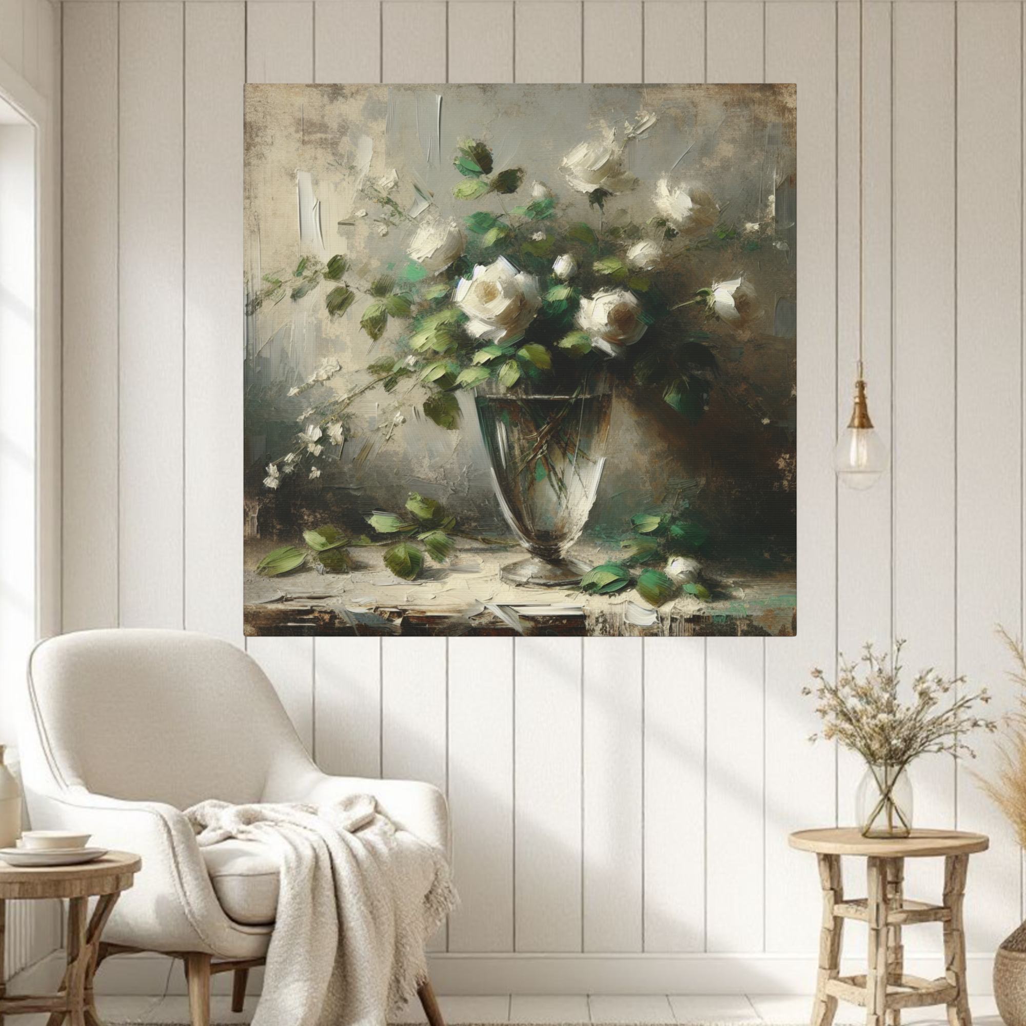 White Roses in Glass Vase – Vintage Impressionist Floral Wall Art